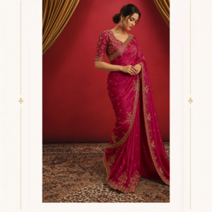 Maharani Rani Pink Royal Embroidered Saree Add a touch of regal glamour to your ethnic wardrobe with the Maharani Rani Pink Royal Embroidered Saree, Rani Pink Designer Saree with Intricate Gold Embroidery, Maharani Designer Boutique Jalandhar. Designed in a rich rani pink shade, this elegant saree combines timeless traditional detailing with a sophisticated contemporary appeal. The saree features delicate gold-toned embroidered motifs scattered beautifully across the fabric, while the richly embellished border adds a luxurious finish. The pallu is enhanced with intricate floral and ornamental embroidery, creating an eye-catching drape from every angle. Brand: Maharani Designer Boutique Category: Designer Saree Colour: Rani Pin Work: Gold Embroidery Style: Royal Traditional Saree Occasion: Wedding, Festive & Party Wear