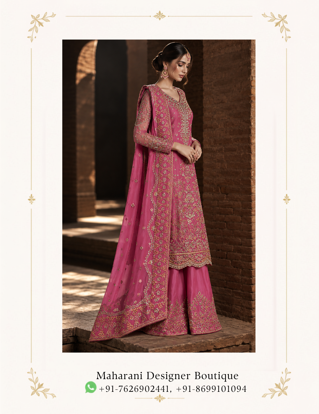 Maharani Rose Pink Royal Embroidered Sharara Suit Make a graceful statement with the Maharani Rose Pink Royal Embroidered Sharara Suit, Rose Pink Designer Sharara Suit with Heavy Embroidery & Dupatta , Maharani Designer Boutique Jalandhar, a beautifully crafted ensemble that blends traditional elegance with contemporary sophistication. The rich rose pink tone gives this outfit a feminine and luxurious appeal, while the intricate embroidery adds depth and glamour. Brand: Maharani Designer Boutique Category: Designer Sharara Suit Colour: Rose Pink Work: Intricate Embroidery Style: Royal Designer Sharara Suit Occasion: Wedding & Festive Wear Royal Rose Gold Embroidered Punjabi Suit,Maharani Rose Gold Embroidered Salwar Suit,Dusty Rose Embroidered Anarkali Lehenga,MDB 027210062 ,Embroidered Punjabi Suit with Gold Handwork