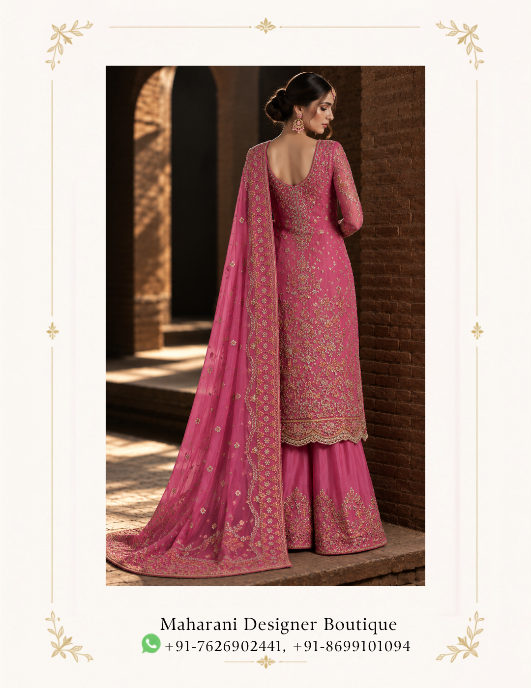 Maharani Rose Pink Royal Embroidered Sharara Suit Make a graceful statement with the Maharani Rose Pink Royal Embroidered Sharara Suit, Rose Pink Designer Sharara Suit with Heavy Embroidery & Dupatta , Maharani Designer Boutique Jalandhar, a beautifully crafted ensemble that blends traditional elegance with contemporary sophistication. The rich rose pink tone gives this outfit a feminine and luxurious appeal, while the intricate embroidery adds depth and glamour. Brand: Maharani Designer Boutique Category: Designer Sharara Suit Colour: Rose Pink Work: Intricate Embroidery Style: Royal Designer Sharara Suit Occasion: Wedding & Festive Wear Royal Rose Gold Embroidered Punjabi Suit,Maharani Rose Gold Embroidered Salwar Suit,Dusty Rose Embroidered Anarkali Lehenga,MDB 027210062 ,Embroidered Punjabi Suit with Gold Handwork