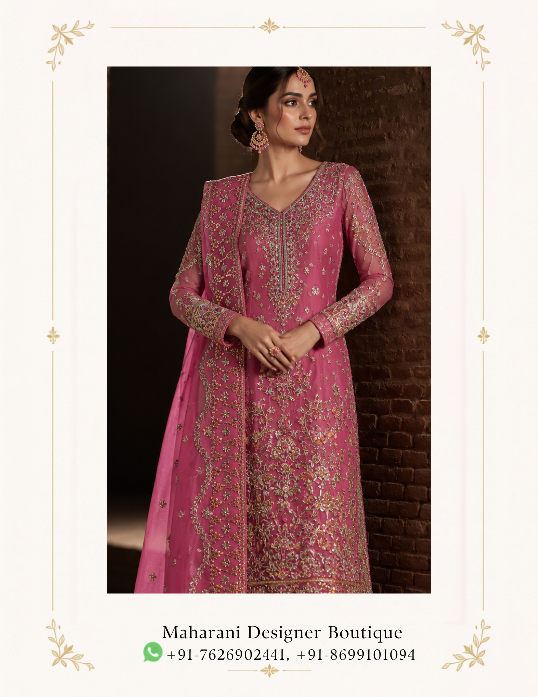 Maharani Rose Pink Royal Embroidered Sharara Suit Make a graceful statement with the Maharani Rose Pink Royal Embroidered Sharara Suit, Rose Pink Designer Sharara Suit with Heavy Embroidery & Dupatta , Maharani Designer Boutique Jalandhar, a beautifully crafted ensemble that blends traditional elegance with contemporary sophistication. The rich rose pink tone gives this outfit a feminine and luxurious appeal, while the intricate embroidery adds depth and glamour. Brand: Maharani Designer Boutique Category: Designer Sharara Suit Colour: Rose Pink Work: Intricate Embroidery Style: Royal Designer Sharara Suit Occasion: Wedding & Festive Wear Royal Rose Gold Embroidered Punjabi Suit,Maharani Rose Gold Embroidered Salwar Suit,Dusty Rose Embroidered Anarkali Lehenga,MDB 027210062 ,Embroidered Punjabi Suit with Gold Handwork