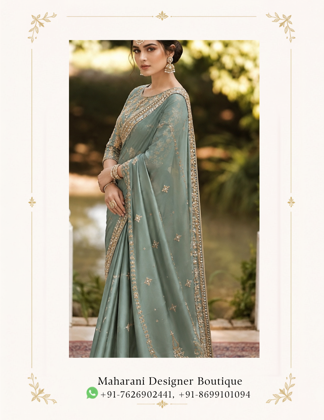 Maharani Sage Green Royal Embroidered Saree Elevate your ethnic wardrobe with the Maharani Sage Green Royal Embroidered Saree, Sage Green Designer Saree with Intricate Gold Embroidery & Heavy Border, Maharani Designer Boutique Jalandhar, a graceful statement piece designed in a sophisticated sage green hue. The soft, muted tone is beautifully complemented by intricate gold-toned embroidery, creating an elegant and luxurious look. Brand: Maharani Designer Boutique Category: Designer Saree Colour: Sage Green Work: Gold Embroidery Style: Royal Designer Saree Occasion: Wedding, Festive & Party Wear Maharani Sage Green Royal Embroidered Lehenga Choli,Sage Green Heavy Embroidered Salwar Suit with Dupatta,Maharani Emerald Sage Royal Embroidered Lehenga Choli,Sage Green Embroidered Designer Suit,Sage Green Punjabi Suit with Palazzo