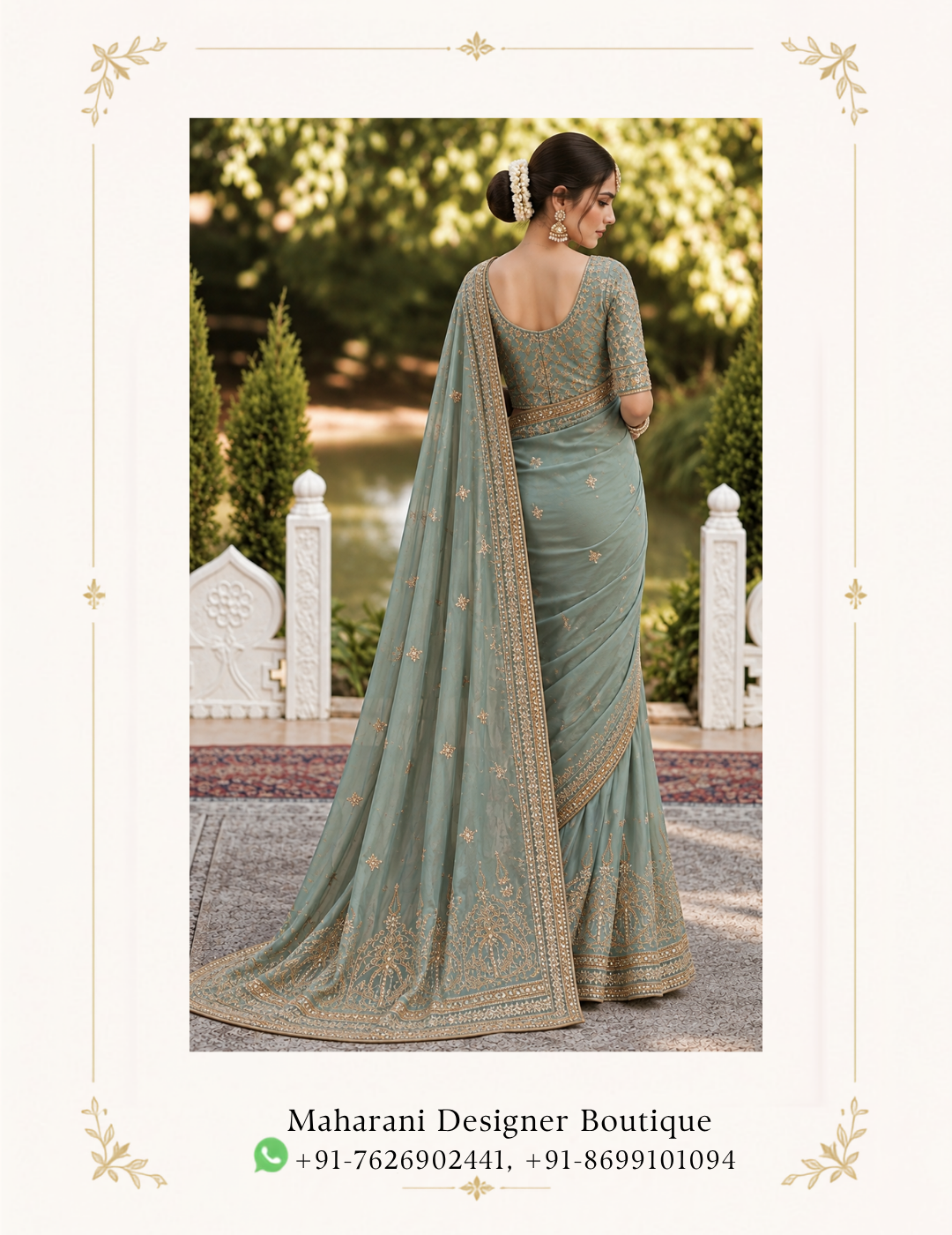 Maharani Sage Green Royal Embroidered Saree Elevate your ethnic wardrobe with the Maharani Sage Green Royal Embroidered Saree, Sage Green Designer Saree with Intricate Gold Embroidery & Heavy Border, Maharani Designer Boutique Jalandhar, a graceful statement piece designed in a sophisticated sage green hue. The soft, muted tone is beautifully complemented by intricate gold-toned embroidery, creating an elegant and luxurious look. Brand: Maharani Designer Boutique Category: Designer Saree Colour: Sage Green Work: Gold Embroidery Style: Royal Designer Saree Occasion: Wedding, Festive & Party Wear Maharani Sage Green Royal Embroidered Lehenga Choli,Sage Green Heavy Embroidered Salwar Suit with Dupatta,Maharani Emerald Sage Royal Embroidered Lehenga Choli,Sage Green Embroidered Designer Suit,Sage Green Punjabi Suit with Palazzo