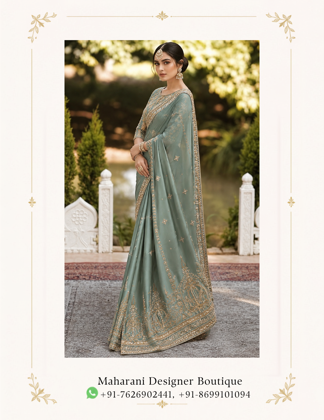 Maharani Sage Green Royal Embroidered Saree Elevate your ethnic wardrobe with the Maharani Sage Green Royal Embroidered Saree, Sage Green Designer Saree with Intricate Gold Embroidery & Heavy Border, Maharani Designer Boutique Jalandhar, a graceful statement piece designed in a sophisticated sage green hue. The soft, muted tone is beautifully complemented by intricate gold-toned embroidery, creating an elegant and luxurious look. Brand: Maharani Designer Boutique Category: Designer Saree Colour: Sage Green Work: Gold Embroidery Style: Royal Designer Saree Occasion: Wedding, Festive & Party Wear Maharani Sage Green Royal Embroidered Lehenga Choli,Sage Green Heavy Embroidered Salwar Suit with Dupatta,Maharani Emerald Sage Royal Embroidered Lehenga Choli,Sage Green Embroidered Designer Suit,Sage Green Punjabi Suit with Palazzo