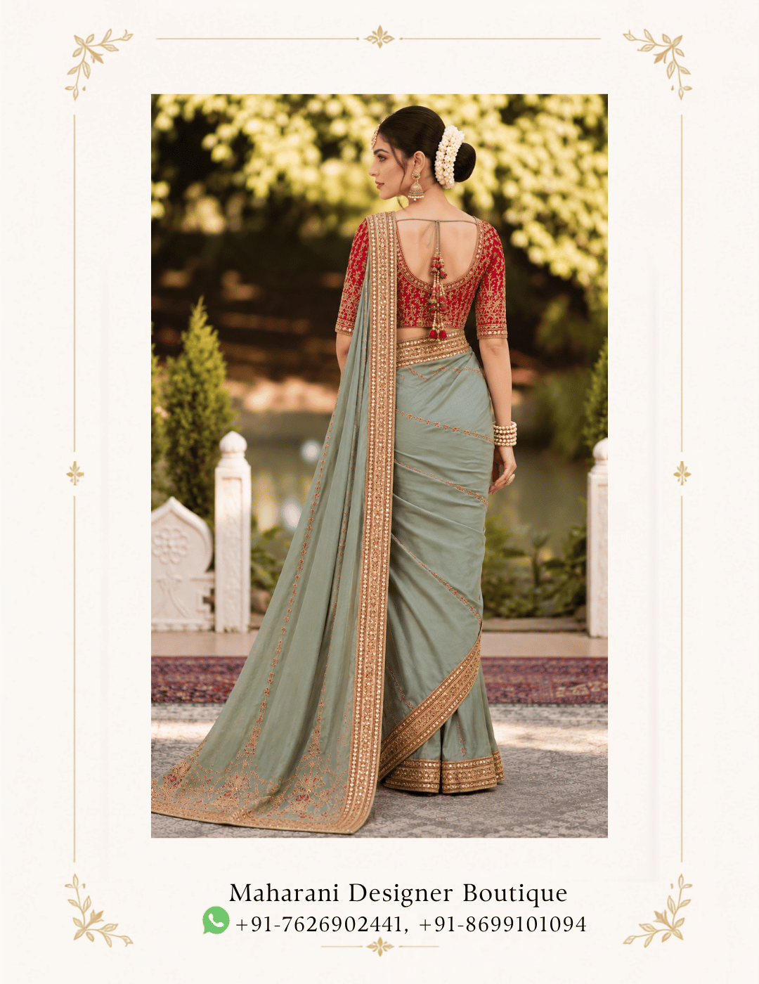 Maharani Sage Green Royal Embroidered Saree Elevate your ethnic wardrobe with the Maharani Sage Green Royal Embroidered Saree, Sage Green Embroidered Saree with Maroon Blouse, Maharani Designer Boutique Jalandhar, a sophisticated blend of soft sage green and rich maroon. The saree features delicate embroidery across the flowing drape, highlighted by an ornate golden embroidered border for a refined festive finish. Perfect for weddings, festive celebrations, receptions, family functions and elegant evening occasions, this designer saree offers timeless Indian elegance with a contemporary colour palette. Brand: Maharani Designer Boutique Category: Designer Saree Colour: Sage Green & Maroon Work: Embroidery & Embellished Border Occasion: Wedding, Reception, Festive & Party Wear Maharani Sage Green Royal Embroidered Saree,Maharani Sage Green Royal Embroidered Lehenga Choli,Sage Green Heavy Embroidered Salwar Suit with Dupatta,Sage Green Punjabi Suit with Palazzo,Maharani Emerald Sage Royal Embroidered Lehenga Choli