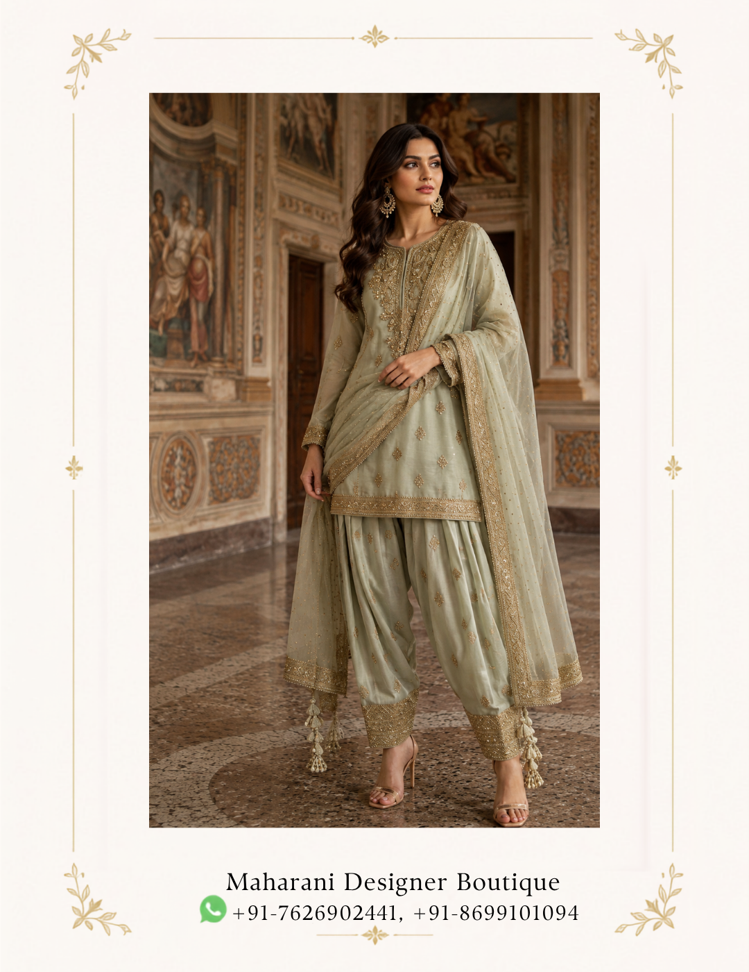 Meher-E-Sage Embroidered Sharara Suit by Maharani Designer Boutique Discover understated luxury with the Meher-E-Sage Embroidered Sharara Suit, an elegant designer ensemble from Maharani Designer Boutique. Created for women who love sophisticated Indian ethnic wear with a refined and graceful character, this sage green sharara suit brings together a soft pastel colour palette, intricate golden embellishment and a beautifully coordinated dupatta. The ensemble is designed around a delicate sage green tone that gives the outfit a fresh, sophisticated appearance. Fine golden detailing is distributed across the kurta, sharara and dupatta, creating a harmonious look without taking away from the beauty of the pastel base. The result is an outfit that feels luxurious, feminine and effortlessly elegant. The straight-cut kurta features a beautifully embellished neckline and front panel, delicate scattered motifs and an ornate lower border. The matching sharara introduces a relaxed, flowing silhouette, while its embellished cuffs add definition and a festive finishing touch. Completing the look is a lightweight-looking coordinating dupatta adorned with subtle scattered motifs and an elaborate embroidered border. This combination makes the Meher-E-Sage Sharara Suit an excellent choice for weddings, engagement celebrations, festive gatherings, family functions, receptions, traditional ceremonies and sophisticated evening occasions. A Graceful Sage Green Colour The defining feature of this outfit is its beautiful sage green colour. Soft, elegant and contemporary, sage green offers a refreshing alternative to conventional bright festive colours. Its muted character gives the outfit a sophisticated appearance while allowing the golden embroidery to stand out beautifully. The colour is particularly versatile because it can be styled for both daytime and evening celebrations. During the day, pair it with delicate jewellery and soft makeup for a subtle, polished appearance. For evening functions, add statement earrings, a coordinated clutch and metallic heels for a more glamorous look. Sage green also pairs naturally with gold, champagne, ivory and neutral accessories, giving you plenty of styling possibilities. Designer Sharara Silhouette The sharara is an iconic Indian silhouette known for its graceful flare and comfortable movement. In this design, the flowing sharara balances the structured appearance of the kurta. The wide-leg shape creates a beautiful drape and adds movement to the ensemble while maintaining a sophisticated traditional aesthetic. The sharara is finished with an ornate embroidered cuff near the hem. This detailed border adds definition to the flowing lower silhouette and creates a polished transition between the outfit and footwear. Whether you are attending a wedding, moving through a festive celebration or posing for photographs, the sharara silhouette gives the outfit an elegant sense of movement. Intricate Golden Embroidery The golden embroidery is one of the most distinctive aspects of the Meher-E-Sage ensemble. The decorative work appears across the neckline, front of the kurta, sleeves, hem, sharara and dupatta border. Small motifs are distributed across the fabric, creating a balanced decorative effect. The gold detailing contrasts beautifully against the sage green base. Instead of making the outfit visually heavy from top to bottom, the embroidery is distributed thoughtfully across the different elements. This allows the ensemble to retain a refined appearance while still delivering the richness expected from festive Indian fashion. The intricate work gives the outfit a luxurious character suitable for important celebrations. Beautifully Embellished Kurta The kurta forms the central element of this sharara set. Its neckline is highlighted with elaborate golden detailing that extends downward across the front. This creates a natural focal point and beautifully frames the face. The front also features delicate ornamental motifs, giving the kurta texture and visual depth. The lower border introduces another layer of embroidery, creating a sophisticated finish. The overall construction combines traditional ethnic styling with a modern sense of proportion, making it suitable for women who prefer elegant festive outfits rather than overly elaborate silhouettes. Elegant Neckline Detailing The neckline is carefully embellished with intricate golden work. Because the embroidery is concentrated around this area, it naturally draws attention toward the face and creates an ideal backdrop for jewellery. A pair of statement earrings can be enough to complete the neckline. Alternatively, you can pair the ensemble with a delicate choker for a more traditional appearance. For an understated look, simply wear elegant earrings and let the neckline embroidery remain the primary decorative feature. Detailed Sleeves The long sleeves complement the kurta with delicate embroidery. The sleeve detailing adds continuity to the design while giving the upper section a polished appearance. The embroidered cuffs provide an additional decorative element and can be beautifully highlighted with bangles or bracelets. For formal events, pair the outfit with traditional gold-toned bangles. For a modern appearance, wear one statement bracelet or a minimal set of bangles. Flowing Sharara Pants The matching sharara pants provide the outfit with its distinctive silhouette. Their relaxed flare creates a graceful appearance while allowing natural movement. The scattered golden motifs coordinate with the embroidery on the kurta, helping the complete outfit feel visually unified. The embroidered hem provides a stronger decorative finish and helps frame the lower portion of the outfit. The combination of flowing fabric and ornate detailing makes the sharara particularly attractive for festive occasions. Statement Sharara Border The lower border of the sharara is one of the outfit's most noticeable details. The intricate golden embroidery creates a rich decorative finish around the hem. This border becomes especially prominent when the wearer walks or sits, allowing the embroidery to catch attention naturally. It also works beautifully with traditional footwear such as embellished juttis, mojaris or metallic heels. Matching Designer Dupatta The coordinating dupatta completes the Meher-E-Sage Sharara Suit. Its soft sage green appearance maintains the monochromatic elegance of the outfit while golden motifs add subtle decoration throughout. The most striking detail is the richly embroidered border. This border frames the dupatta and gives it a luxurious finishing touch. The dupatta can be styled in several ways depending on the occasion and your personal preference. Ornate Dupatta Border The embroidered dupatta border creates a beautiful decorative frame around the delicate fabric. When draped over one shoulder, the border creates a vertical embellished line that adds elegance to the entire silhouette. When carried across both arms, it creates a balanced and formal appearance. For traditional ceremonies, the dupatta can also be draped over the head for a graceful ethnic look. Perfect Wedding Guest Outfit Searching for an elegant wedding guest outfit that feels luxurious without being overly dramatic? The Meher-E-Sage Sharara Suit is an excellent choice. Its soft sage green colour gives you a sophisticated alternative to stronger wedding colours, while the golden embroidery provides the festive richness needed for a celebration. Wear it to a wedding ceremony, family wedding event, reception or pre-wedding gathering. Pair it with gold earrings, bangles and a small embellished clutch to complete the look. Elegant Engagement Outfit This sage green sharara suit can also make a beautiful engagement outfit for women. The pastel colour creates a soft and sophisticated appearance, while the detailed embroidery gives the ensemble enough presence for a formal celebration. For an engagement party, consider styling it with: Statement earrings Delicate choker Metallic heels Small embellished clutch Soft curls or a low bun Keep the makeup polished and luminous for an elegant overall appearance. Sage Green Embroidered Designer Suit,Sage Green Punjabi Suit with Palazzo,Sage Green Designer Sharara Suit,Sage Green Bridal Lehenga with Pink Dupatta,Sage Green Embroidered Sharara Suit, Festive Wear for Women The Meher-E-Sage ensemble works beautifully as festive wear for women. Its traditional sharara silhouette makes it appropriate for cultural celebrations, while the contemporary sage colour gives it a modern fashion sensibility. It can be worn for: Diwali celebrations Family gatherings Festive dinners Wedding festivities Engagement parties Receptions Sangeet celebrations Traditional ceremonies Formal parties Cultural events Reception Wear For evening receptions, the combination of sage green and golden embroidery creates an elegant appearance. Add metallic heels and statement earrings for a glamorous finish. A sleek clutch can complement the refined character of the outfit. For an evening event, you can also choose slightly more defined eye makeup and a sophisticated hairstyle. Sangeet Styling Sharara silhouettes are naturally suited to celebratory occasions such as sangeet functions. The flowing lower silhouette allows comfortable movement and creates an attractive appearance while walking or posing. For a sangeet, style the outfit with statement earrings, bangles and embellished footwear. A playful hairstyle or softly waved hair can give the traditional ensemble a contemporary touch. Family Function Outfit Not every celebration requires a heavily embellished lehenga. For family functions and smaller celebrations, the Meher-E-Sage Sharara Suit offers an elegant middle ground. It has enough embroidery to look festive while maintaining a sophisticated and wearable silhouette. This makes it suitable for intimate family celebrations, festive lunches, dinners and traditional gatherings. Jewellery Pairing Because the outfit already features detailed golden embroidery, jewellery should complement rather than compete with it. Gold Jhumkas Traditional jhumkas can beautifully emphasize the ethnic character of the outfit. Statement Earrings Large earrings can create a contemporary formal appearance without requiring a necklace. Choker A delicate or moderately embellished choker can complement the neckline. Bangles Gold bangles work naturally with the embroidery. Statement Ring A detailed ring can complete the look without overwhelming the outfit. Maang Tikka For wedding ceremonies, a maang tikka can add a traditional finishing touch. Gold Jewellery and Sage Green Gold is one of the most natural jewellery choices for this ensemble. The warm metallic tone creates an elegant contrast with the cool, muted sage green. Choose gold-toned earrings, bangles and a necklace for a traditional appearance. For a more contemporary interpretation, select jewellery with a simpler design and allow the embroidery to remain the centre of attention. Hairstyle Ideas The Meher-E-Sage Sharara Suit works beautifully with several hairstyles. Soft Waves Loose waves provide a romantic and contemporary appearance. Low Bun A sleek low bun draws attention toward the neckline and earrings. Side-Swept Waves Side-swept waves create a glamorous evening look. Traditional Bun A bun decorated with flowers can add a traditional wedding touch. Half-Up Style A half-up hairstyle combines traditional elegance with contemporary styling. Makeup Suggestions The soft sage colour allows considerable flexibility with makeup. For daytime functions, consider: Soft brown eyeliner Neutral eyeshadow Natural blush Soft highlighter Nude or peach lipstick For evening celebrations, you can create a more defined appearance with: Smoky eyes Bronze or champagne eyeshadow Defined eyeliner Warm blush Deeper nude or rose lipstick The final makeup should complement your jewellery and the formality of the occasion. Footwear Recommendations The flowing sharara silhouette looks especially elegant with elevated footwear. Consider: Gold heels Champagne heels Embellished sandals Metallic footwear Traditional juttis Embroidered mojaris For long wedding celebrations, choose footwear that combines style with comfort. Clutch and Accessories A compact clutch or potli bag can complete the outfit. For a traditional look, choose an embroidered or embellished potli. For a modern evening appearance, select a structured metallic clutch. Gold, champagne, ivory and neutral tones can coordinate beautifully with the sage and gold palette. Avoid excessive accessories so the embroidery remains the focal point. Different Dupatta Draping Styles The dupatta gives you the opportunity to change the appearance of the ensemble. Classic One-Shoulder Drape Place the dupatta over one shoulder and allow it to fall naturally. Front Drape Bring the embellished border toward the front to highlight its detailed craftsmanship. Two-Arm Drape Carry the dupatta across both arms for a graceful formal appearance. Head Drape For traditional ceremonies, place the dupatta over the head. Each draping method creates a different personality while preserving the elegance of the original design. Contemporary Styling The traditional sharara can easily be styled with a modern fashion approach. Choose oversized earrings instead of a full jewellery set. Wear sleek metallic heels. Carry a structured clutch. Style your hair in soft waves. Keep the makeup polished and minimal. This allows the outfit to retain its traditional identity while giving it a contemporary occasion-wear appearance. Traditional Styling For a more traditional Indian look, pair the ensemble with: Gold jhumkas Choker necklace Bangles Maang tikka Embellished juttis Traditional hairstyle Dupatta over the head This styling approach works particularly well for wedding ceremonies and cultural celebrations. Why Choose This Designer Sharara Suit? The Meher-E-Sage ensemble brings together several desirable elements of modern Indian occasion wear. Elegant sage green colour: A sophisticated pastel shade suitable for different celebrations. Golden embroidery: Detailed embellishment adds richness and festive appeal. Sharara silhouette: Provides graceful movement and a distinctive ethnic appearance. Embellished kurta: Creates a refined focal point around the neckline and bodice. Detailed sleeves: Adds continuity to the overall design. Ornate borders: Gives the kurta, sharara and dupatta a polished finish. Coordinated dupatta: Completes the outfit and provides multiple styling possibilities. Versatile occasion wear: Suitable for weddings, receptions, engagements, sangeet functions and festive celebrations. A Versatile Addition to Your Ethnic Wardrobe A beautiful occasion-wear outfit should be more than a one-event purchase. The Meher-E-Sage Sharara Suit has a versatile colour palette and silhouette that can be styled differently for different celebrations. Wear it traditionally for a wedding ceremony. Style it with statement earrings for a reception. Choose minimal jewellery for a daytime family event. Add a dramatic clutch and heels for an evening celebration. The ability to change the accessories and styling allows the same ensemble to create different looks. Maharani Designer Boutique Maharani Designer Boutique brings together elegant Indian occasion wear designed around sophisticated silhouettes, detailed embellishment and timeless ethnic aesthetics. The Meher-E-Sage Embroidered Sharara Suit represents this design philosophy through its delicate sage green colour, ornate golden embroidery, flowing sharara silhouette and beautifully detailed dupatta. For women searching for designer sharara suits, sage green sharara suits, embroidered sharara suits, wedding sharara suits, festive Indian wear, party wear sharara suits and elegant ethnic outfits, this ensemble offers a graceful and versatile option. Whether you are dressing for a wedding, engagement, reception, sangeet or festive celebration, the outfit provides a polished statement while maintaining a refined and feminine character. Product Details Product Name: Meher-E-Sage Embroidered Sharara Suit Brand: Maharani Designer Boutique Category: Designer Sharara Suit Primary Colour: Sage Green Embroidery: Golden ornamental and floral-inspired detailing Top: Embroidered straight-cut kurta with detailed neckline, sleeves and hem Bottom: Matching flared sharara with embellished hem Dupatta: Coordinated sage green dupatta with embroidered border and scattered motifs Style: Traditional Indian occasion wear with contemporary styling Occasions: Wedding, Reception, Engagement, Sangeet, Festive Celebration, Family Function and Party Wear Product specification note: Exact fabric composition, lining, measurements, embroidery technique, embellishment materials and customization options should be confirmed with Maharani Designer Boutique before purchase, as these details cannot be established solely from the product photograph. Care Instructions As an embellished occasion-wear outfit, careful storage and handling are recommended. Keep the ensemble in a clean, breathable garment bag when not in use. Avoid placing heavy objects directly over embroidered areas. Take care when wearing jewellery, watches or accessories that could catch on delicate embroidery. Avoid applying perfume, hairspray or other products directly onto the fabric. Fold and store the dupatta carefully to protect its embroidered border. Follow the garment's care label and boutique recommendations for cleaning. Depending on the final fabric and embellishment construction, professional cleaning may be appropriate.