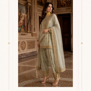 Meher-E-Sage Embroidered Sharara Suit by Maharani Designer Boutique Discover understated luxury with the Meher-E-Sage Embroidered Sharara Suit, an elegant designer ensemble from Maharani Designer Boutique. Created for women who love sophisticated Indian ethnic wear with a refined and graceful character, this sage green sharara suit brings together a soft pastel colour palette, intricate golden embellishment and a beautifully coordinated dupatta. The ensemble is designed around a delicate sage green tone that gives the outfit a fresh, sophisticated appearance. Fine golden detailing is distributed across the kurta, sharara and dupatta, creating a harmonious look without taking away from the beauty of the pastel base. The result is an outfit that feels luxurious, feminine and effortlessly elegant. The straight-cut kurta features a beautifully embellished neckline and front panel, delicate scattered motifs and an ornate lower border. The matching sharara introduces a relaxed, flowing silhouette, while its embellished cuffs add definition and a festive finishing touch. Completing the look is a lightweight-looking coordinating dupatta adorned with subtle scattered motifs and an elaborate embroidered border. This combination makes the Meher-E-Sage Sharara Suit an excellent choice for weddings, engagement celebrations, festive gatherings, family functions, receptions, traditional ceremonies and sophisticated evening occasions. A Graceful Sage Green Colour The defining feature of this outfit is its beautiful sage green colour. Soft, elegant and contemporary, sage green offers a refreshing alternative to conventional bright festive colours. Its muted character gives the outfit a sophisticated appearance while allowing the golden embroidery to stand out beautifully. The colour is particularly versatile because it can be styled for both daytime and evening celebrations. During the day, pair it with delicate jewellery and soft makeup for a subtle, polished appearance. For evening functions, add statement earrings, a coordinated clutch and metallic heels for a more glamorous look. Sage green also pairs naturally with gold, champagne, ivory and neutral accessories, giving you plenty of styling possibilities. Designer Sharara Silhouette The sharara is an iconic Indian silhouette known for its graceful flare and comfortable movement. In this design, the flowing sharara balances the structured appearance of the kurta. The wide-leg shape creates a beautiful drape and adds movement to the ensemble while maintaining a sophisticated traditional aesthetic. The sharara is finished with an ornate embroidered cuff near the hem. This detailed border adds definition to the flowing lower silhouette and creates a polished transition between the outfit and footwear. Whether you are attending a wedding, moving through a festive celebration or posing for photographs, the sharara silhouette gives the outfit an elegant sense of movement. Intricate Golden Embroidery The golden embroidery is one of the most distinctive aspects of the Meher-E-Sage ensemble. The decorative work appears across the neckline, front of the kurta, sleeves, hem, sharara and dupatta border. Small motifs are distributed across the fabric, creating a balanced decorative effect. The gold detailing contrasts beautifully against the sage green base. Instead of making the outfit visually heavy from top to bottom, the embroidery is distributed thoughtfully across the different elements. This allows the ensemble to retain a refined appearance while still delivering the richness expected from festive Indian fashion. The intricate work gives the outfit a luxurious character suitable for important celebrations. Beautifully Embellished Kurta The kurta forms the central element of this sharara set. Its neckline is highlighted with elaborate golden detailing that extends downward across the front. This creates a natural focal point and beautifully frames the face. The front also features delicate ornamental motifs, giving the kurta texture and visual depth. The lower border introduces another layer of embroidery, creating a sophisticated finish. The overall construction combines traditional ethnic styling with a modern sense of proportion, making it suitable for women who prefer elegant festive outfits rather than overly elaborate silhouettes. Elegant Neckline Detailing The neckline is carefully embellished with intricate golden work. Because the embroidery is concentrated around this area, it naturally draws attention toward the face and creates an ideal backdrop for jewellery. A pair of statement earrings can be enough to complete the neckline. Alternatively, you can pair the ensemble with a delicate choker for a more traditional appearance. For an understated look, simply wear elegant earrings and let the neckline embroidery remain the primary decorative feature. Detailed Sleeves The long sleeves complement the kurta with delicate embroidery. The sleeve detailing adds continuity to the design while giving the upper section a polished appearance. The embroidered cuffs provide an additional decorative element and can be beautifully highlighted with bangles or bracelets. For formal events, pair the outfit with traditional gold-toned bangles. For a modern appearance, wear one statement bracelet or a minimal set of bangles. Flowing Sharara Pants The matching sharara pants provide the outfit with its distinctive silhouette. Their relaxed flare creates a graceful appearance while allowing natural movement. The scattered golden motifs coordinate with the embroidery on the kurta, helping the complete outfit feel visually unified. The embroidered hem provides a stronger decorative finish and helps frame the lower portion of the outfit. The combination of flowing fabric and ornate detailing makes the sharara particularly attractive for festive occasions. Statement Sharara Border The lower border of the sharara is one of the outfit's most noticeable details. The intricate golden embroidery creates a rich decorative finish around the hem. This border becomes especially prominent when the wearer walks or sits, allowing the embroidery to catch attention naturally. It also works beautifully with traditional footwear such as embellished juttis, mojaris or metallic heels. Matching Designer Dupatta The coordinating dupatta completes the Meher-E-Sage Sharara Suit. Its soft sage green appearance maintains the monochromatic elegance of the outfit while golden motifs add subtle decoration throughout. The most striking detail is the richly embroidered border. This border frames the dupatta and gives it a luxurious finishing touch. The dupatta can be styled in several ways depending on the occasion and your personal preference. Ornate Dupatta Border The embroidered dupatta border creates a beautiful decorative frame around the delicate fabric. When draped over one shoulder, the border creates a vertical embellished line that adds elegance to the entire silhouette. When carried across both arms, it creates a balanced and formal appearance. For traditional ceremonies, the dupatta can also be draped over the head for a graceful ethnic look. Perfect Wedding Guest Outfit Searching for an elegant wedding guest outfit that feels luxurious without being overly dramatic? The Meher-E-Sage Sharara Suit is an excellent choice. Its soft sage green colour gives you a sophisticated alternative to stronger wedding colours, while the golden embroidery provides the festive richness needed for a celebration. Wear it to a wedding ceremony, family wedding event, reception or pre-wedding gathering. Pair it with gold earrings, bangles and a small embellished clutch to complete the look. Elegant Engagement Outfit This sage green sharara suit can also make a beautiful engagement outfit for women. The pastel colour creates a soft and sophisticated appearance, while the detailed embroidery gives the ensemble enough presence for a formal celebration. For an engagement party, consider styling it with: Statement earrings Delicate choker Metallic heels Small embellished clutch Soft curls or a low bun Keep the makeup polished and luminous for an elegant overall appearance. Sage Green Embroidered Designer Suit,Sage Green Punjabi Suit with Palazzo,Sage Green Designer Sharara Suit,Sage Green Bridal Lehenga with Pink Dupatta,Sage Green Embroidered Sharara Suit, Festive Wear for Women The Meher-E-Sage ensemble works beautifully as festive wear for women. Its traditional sharara silhouette makes it appropriate for cultural celebrations, while the contemporary sage colour gives it a modern fashion sensibility. It can be worn for: Diwali celebrations Family gatherings Festive dinners Wedding festivities Engagement parties Receptions Sangeet celebrations Traditional ceremonies Formal parties Cultural events Reception Wear For evening receptions, the combination of sage green and golden embroidery creates an elegant appearance. Add metallic heels and statement earrings for a glamorous finish. A sleek clutch can complement the refined character of the outfit. For an evening event, you can also choose slightly more defined eye makeup and a sophisticated hairstyle. Sangeet Styling Sharara silhouettes are naturally suited to celebratory occasions such as sangeet functions. The flowing lower silhouette allows comfortable movement and creates an attractive appearance while walking or posing. For a sangeet, style the outfit with statement earrings, bangles and embellished footwear. A playful hairstyle or softly waved hair can give the traditional ensemble a contemporary touch. Family Function Outfit Not every celebration requires a heavily embellished lehenga. For family functions and smaller celebrations, the Meher-E-Sage Sharara Suit offers an elegant middle ground. It has enough embroidery to look festive while maintaining a sophisticated and wearable silhouette. This makes it suitable for intimate family celebrations, festive lunches, dinners and traditional gatherings. Jewellery Pairing Because the outfit already features detailed golden embroidery, jewellery should complement rather than compete with it. Gold Jhumkas Traditional jhumkas can beautifully emphasize the ethnic character of the outfit. Statement Earrings Large earrings can create a contemporary formal appearance without requiring a necklace. Choker A delicate or moderately embellished choker can complement the neckline. Bangles Gold bangles work naturally with the embroidery. Statement Ring A detailed ring can complete the look without overwhelming the outfit. Maang Tikka For wedding ceremonies, a maang tikka can add a traditional finishing touch. Gold Jewellery and Sage Green Gold is one of the most natural jewellery choices for this ensemble. The warm metallic tone creates an elegant contrast with the cool, muted sage green. Choose gold-toned earrings, bangles and a necklace for a traditional appearance. For a more contemporary interpretation, select jewellery with a simpler design and allow the embroidery to remain the centre of attention. Hairstyle Ideas The Meher-E-Sage Sharara Suit works beautifully with several hairstyles. Soft Waves Loose waves provide a romantic and contemporary appearance. Low Bun A sleek low bun draws attention toward the neckline and earrings. Side-Swept Waves Side-swept waves create a glamorous evening look. Traditional Bun A bun decorated with flowers can add a traditional wedding touch. Half-Up Style A half-up hairstyle combines traditional elegance with contemporary styling. Makeup Suggestions The soft sage colour allows considerable flexibility with makeup. For daytime functions, consider: Soft brown eyeliner Neutral eyeshadow Natural blush Soft highlighter Nude or peach lipstick For evening celebrations, you can create a more defined appearance with: Smoky eyes Bronze or champagne eyeshadow Defined eyeliner Warm blush Deeper nude or rose lipstick The final makeup should complement your jewellery and the formality of the occasion. Footwear Recommendations The flowing sharara silhouette looks especially elegant with elevated footwear. Consider: Gold heels Champagne heels Embellished sandals Metallic footwear Traditional juttis Embroidered mojaris For long wedding celebrations, choose footwear that combines style with comfort. Clutch and Accessories A compact clutch or potli bag can complete the outfit. For a traditional look, choose an embroidered or embellished potli. For a modern evening appearance, select a structured metallic clutch. Gold, champagne, ivory and neutral tones can coordinate beautifully with the sage and gold palette. Avoid excessive accessories so the embroidery remains the focal point. Different Dupatta Draping Styles The dupatta gives you the opportunity to change the appearance of the ensemble. Classic One-Shoulder Drape Place the dupatta over one shoulder and allow it to fall naturally. Front Drape Bring the embellished border toward the front to highlight its detailed craftsmanship. Two-Arm Drape Carry the dupatta across both arms for a graceful formal appearance. Head Drape For traditional ceremonies, place the dupatta over the head. Each draping method creates a different personality while preserving the elegance of the original design. Contemporary Styling The traditional sharara can easily be styled with a modern fashion approach. Choose oversized earrings instead of a full jewellery set. Wear sleek metallic heels. Carry a structured clutch. Style your hair in soft waves. Keep the makeup polished and minimal. This allows the outfit to retain its traditional identity while giving it a contemporary occasion-wear appearance. Traditional Styling For a more traditional Indian look, pair the ensemble with: Gold jhumkas Choker necklace Bangles Maang tikka Embellished juttis Traditional hairstyle Dupatta over the head This styling approach works particularly well for wedding ceremonies and cultural celebrations. Why Choose This Designer Sharara Suit? The Meher-E-Sage ensemble brings together several desirable elements of modern Indian occasion wear. Elegant sage green colour: A sophisticated pastel shade suitable for different celebrations. Golden embroidery: Detailed embellishment adds richness and festive appeal. Sharara silhouette: Provides graceful movement and a distinctive ethnic appearance. Embellished kurta: Creates a refined focal point around the neckline and bodice. Detailed sleeves: Adds continuity to the overall design. Ornate borders: Gives the kurta, sharara and dupatta a polished finish. Coordinated dupatta: Completes the outfit and provides multiple styling possibilities. Versatile occasion wear: Suitable for weddings, receptions, engagements, sangeet functions and festive celebrations. A Versatile Addition to Your Ethnic Wardrobe A beautiful occasion-wear outfit should be more than a one-event purchase. The Meher-E-Sage Sharara Suit has a versatile colour palette and silhouette that can be styled differently for different celebrations. Wear it traditionally for a wedding ceremony. Style it with statement earrings for a reception. Choose minimal jewellery for a daytime family event. Add a dramatic clutch and heels for an evening celebration. The ability to change the accessories and styling allows the same ensemble to create different looks. Maharani Designer Boutique Maharani Designer Boutique brings together elegant Indian occasion wear designed around sophisticated silhouettes, detailed embellishment and timeless ethnic aesthetics. The Meher-E-Sage Embroidered Sharara Suit represents this design philosophy through its delicate sage green colour, ornate golden embroidery, flowing sharara silhouette and beautifully detailed dupatta. For women searching for designer sharara suits, sage green sharara suits, embroidered sharara suits, wedding sharara suits, festive Indian wear, party wear sharara suits and elegant ethnic outfits, this ensemble offers a graceful and versatile option. Whether you are dressing for a wedding, engagement, reception, sangeet or festive celebration, the outfit provides a polished statement while maintaining a refined and feminine character. Product Details Product Name: Meher-E-Sage Embroidered Sharara Suit Brand: Maharani Designer Boutique Category: Designer Sharara Suit Primary Colour: Sage Green Embroidery: Golden ornamental and floral-inspired detailing Top: Embroidered straight-cut kurta with detailed neckline, sleeves and hem Bottom: Matching flared sharara with embellished hem Dupatta: Coordinated sage green dupatta with embroidered border and scattered motifs Style: Traditional Indian occasion wear with contemporary styling Occasions: Wedding, Reception, Engagement, Sangeet, Festive Celebration, Family Function and Party Wear Product specification note: Exact fabric composition, lining, measurements, embroidery technique, embellishment materials and customization options should be confirmed with Maharani Designer Boutique before purchase, as these details cannot be established solely from the product photograph. Care Instructions As an embellished occasion-wear outfit, careful storage and handling are recommended. Keep the ensemble in a clean, breathable garment bag when not in use. Avoid placing heavy objects directly over embroidered areas. Take care when wearing jewellery, watches or accessories that could catch on delicate embroidery. Avoid applying perfume, hairspray or other products directly onto the fabric. Fold and store the dupatta carefully to protect its embroidered border. Follow the garment's care label and boutique recommendations for cleaning. Depending on the final fabric and embellishment construction, professional cleaning may be appropriate.
