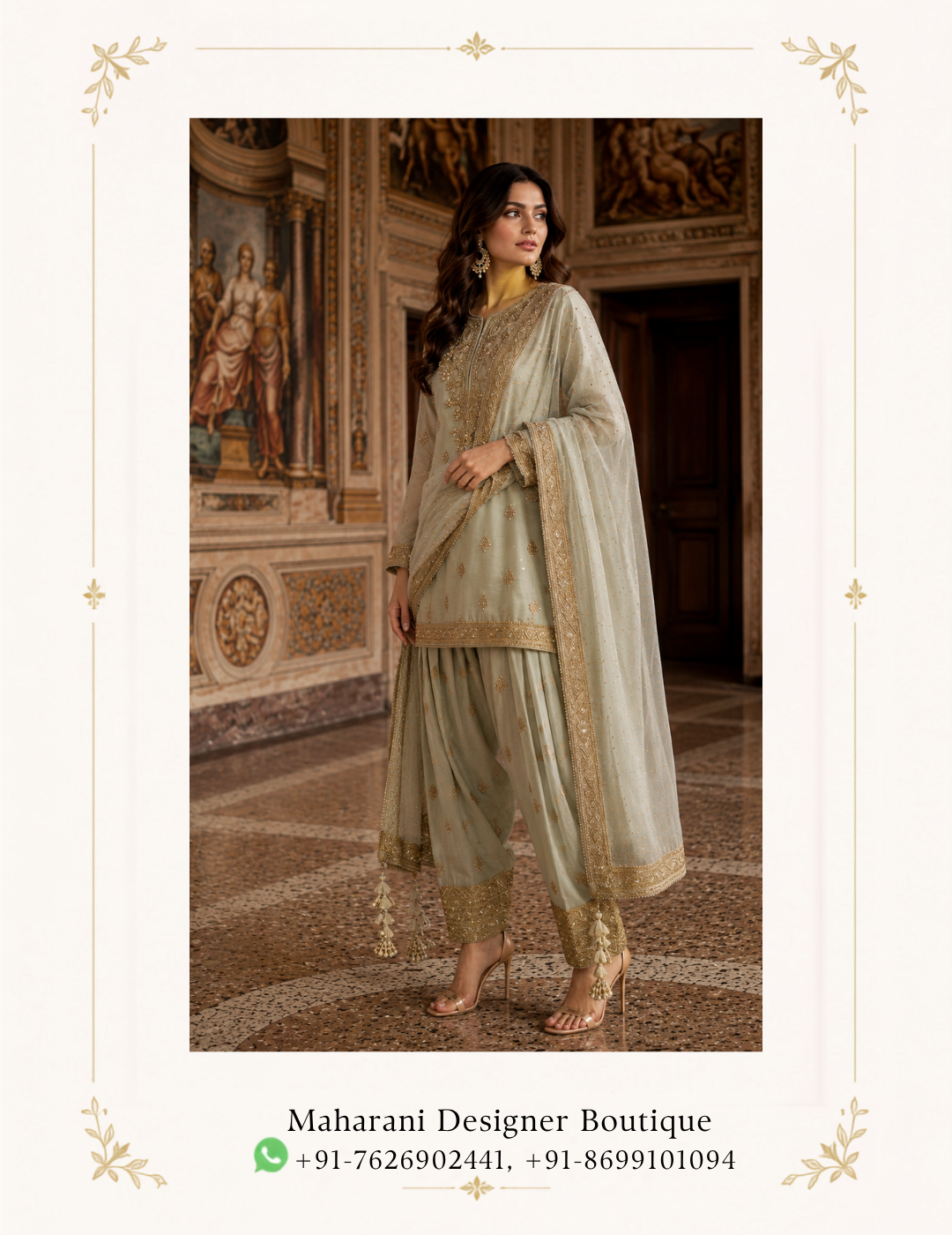 Meher-E-Sage Embroidered Sharara Suit by Maharani Designer Boutique Discover understated luxury with the Meher-E-Sage Embroidered Sharara Suit, an elegant designer ensemble from Maharani Designer Boutique. Created for women who love sophisticated Indian ethnic wear with a refined and graceful character, this sage green sharara suit brings together a soft pastel colour palette, intricate golden embellishment and a beautifully coordinated dupatta. The ensemble is designed around a delicate sage green tone that gives the outfit a fresh, sophisticated appearance. Fine golden detailing is distributed across the kurta, sharara and dupatta, creating a harmonious look without taking away from the beauty of the pastel base. The result is an outfit that feels luxurious, feminine and effortlessly elegant. The straight-cut kurta features a beautifully embellished neckline and front panel, delicate scattered motifs and an ornate lower border. The matching sharara introduces a relaxed, flowing silhouette, while its embellished cuffs add definition and a festive finishing touch. Completing the look is a lightweight-looking coordinating dupatta adorned with subtle scattered motifs and an elaborate embroidered border. This combination makes the Meher-E-Sage Sharara Suit an excellent choice for weddings, engagement celebrations, festive gatherings, family functions, receptions, traditional ceremonies and sophisticated evening occasions. A Graceful Sage Green Colour The defining feature of this outfit is its beautiful sage green colour. Soft, elegant and contemporary, sage green offers a refreshing alternative to conventional bright festive colours. Its muted character gives the outfit a sophisticated appearance while allowing the golden embroidery to stand out beautifully. The colour is particularly versatile because it can be styled for both daytime and evening celebrations. During the day, pair it with delicate jewellery and soft makeup for a subtle, polished appearance. For evening functions, add statement earrings, a coordinated clutch and metallic heels for a more glamorous look. Sage green also pairs naturally with gold, champagne, ivory and neutral accessories, giving you plenty of styling possibilities. Designer Sharara Silhouette The sharara is an iconic Indian silhouette known for its graceful flare and comfortable movement. In this design, the flowing sharara balances the structured appearance of the kurta. The wide-leg shape creates a beautiful drape and adds movement to the ensemble while maintaining a sophisticated traditional aesthetic. The sharara is finished with an ornate embroidered cuff near the hem. This detailed border adds definition to the flowing lower silhouette and creates a polished transition between the outfit and footwear. Whether you are attending a wedding, moving through a festive celebration or posing for photographs, the sharara silhouette gives the outfit an elegant sense of movement. Intricate Golden Embroidery The golden embroidery is one of the most distinctive aspects of the Meher-E-Sage ensemble. The decorative work appears across the neckline, front of the kurta, sleeves, hem, sharara and dupatta border. Small motifs are distributed across the fabric, creating a balanced decorative effect. The gold detailing contrasts beautifully against the sage green base. Instead of making the outfit visually heavy from top to bottom, the embroidery is distributed thoughtfully across the different elements. This allows the ensemble to retain a refined appearance while still delivering the richness expected from festive Indian fashion. The intricate work gives the outfit a luxurious character suitable for important celebrations. Beautifully Embellished Kurta The kurta forms the central element of this sharara set. Its neckline is highlighted with elaborate golden detailing that extends downward across the front. This creates a natural focal point and beautifully frames the face. The front also features delicate ornamental motifs, giving the kurta texture and visual depth. The lower border introduces another layer of embroidery, creating a sophisticated finish. The overall construction combines traditional ethnic styling with a modern sense of proportion, making it suitable for women who prefer elegant festive outfits rather than overly elaborate silhouettes. Elegant Neckline Detailing The neckline is carefully embellished with intricate golden work. Because the embroidery is concentrated around this area, it naturally draws attention toward the face and creates an ideal backdrop for jewellery. A pair of statement earrings can be enough to complete the neckline. Alternatively, you can pair the ensemble with a delicate choker for a more traditional appearance. For an understated look, simply wear elegant earrings and let the neckline embroidery remain the primary decorative feature. Detailed Sleeves The long sleeves complement the kurta with delicate embroidery. The sleeve detailing adds continuity to the design while giving the upper section a polished appearance. The embroidered cuffs provide an additional decorative element and can be beautifully highlighted with bangles or bracelets. For formal events, pair the outfit with traditional gold-toned bangles. For a modern appearance, wear one statement bracelet or a minimal set of bangles. Flowing Sharara Pants The matching sharara pants provide the outfit with its distinctive silhouette. Their relaxed flare creates a graceful appearance while allowing natural movement. The scattered golden motifs coordinate with the embroidery on the kurta, helping the complete outfit feel visually unified. The embroidered hem provides a stronger decorative finish and helps frame the lower portion of the outfit. The combination of flowing fabric and ornate detailing makes the sharara particularly attractive for festive occasions. Statement Sharara Border The lower border of the sharara is one of the outfit's most noticeable details. The intricate golden embroidery creates a rich decorative finish around the hem. This border becomes especially prominent when the wearer walks or sits, allowing the embroidery to catch attention naturally. It also works beautifully with traditional footwear such as embellished juttis, mojaris or metallic heels. Matching Designer Dupatta The coordinating dupatta completes the Meher-E-Sage Sharara Suit. Its soft sage green appearance maintains the monochromatic elegance of the outfit while golden motifs add subtle decoration throughout. The most striking detail is the richly embroidered border. This border frames the dupatta and gives it a luxurious finishing touch. The dupatta can be styled in several ways depending on the occasion and your personal preference. Ornate Dupatta Border The embroidered dupatta border creates a beautiful decorative frame around the delicate fabric. When draped over one shoulder, the border creates a vertical embellished line that adds elegance to the entire silhouette. When carried across both arms, it creates a balanced and formal appearance. For traditional ceremonies, the dupatta can also be draped over the head for a graceful ethnic look. Perfect Wedding Guest Outfit Searching for an elegant wedding guest outfit that feels luxurious without being overly dramatic? The Meher-E-Sage Sharara Suit is an excellent choice. Its soft sage green colour gives you a sophisticated alternative to stronger wedding colours, while the golden embroidery provides the festive richness needed for a celebration. Wear it to a wedding ceremony, family wedding event, reception or pre-wedding gathering. Pair it with gold earrings, bangles and a small embellished clutch to complete the look. Elegant Engagement Outfit This sage green sharara suit can also make a beautiful engagement outfit for women. The pastel colour creates a soft and sophisticated appearance, while the detailed embroidery gives the ensemble enough presence for a formal celebration. For an engagement party, consider styling it with: Statement earrings Delicate choker Metallic heels Small embellished clutch Soft curls or a low bun Keep the makeup polished and luminous for an elegant overall appearance. Sage Green Embroidered Designer Suit,Sage Green Punjabi Suit with Palazzo,Sage Green Designer Sharara Suit,Sage Green Bridal Lehenga with Pink Dupatta,Sage Green Embroidered Sharara Suit, Festive Wear for Women The Meher-E-Sage ensemble works beautifully as festive wear for women. Its traditional sharara silhouette makes it appropriate for cultural celebrations, while the contemporary sage colour gives it a modern fashion sensibility. It can be worn for: Diwali celebrations Family gatherings Festive dinners Wedding festivities Engagement parties Receptions Sangeet celebrations Traditional ceremonies Formal parties Cultural events Reception Wear For evening receptions, the combination of sage green and golden embroidery creates an elegant appearance. Add metallic heels and statement earrings for a glamorous finish. A sleek clutch can complement the refined character of the outfit. For an evening event, you can also choose slightly more defined eye makeup and a sophisticated hairstyle. Sangeet Styling Sharara silhouettes are naturally suited to celebratory occasions such as sangeet functions. The flowing lower silhouette allows comfortable movement and creates an attractive appearance while walking or posing. For a sangeet, style the outfit with statement earrings, bangles and embellished footwear. A playful hairstyle or softly waved hair can give the traditional ensemble a contemporary touch. Family Function Outfit Not every celebration requires a heavily embellished lehenga. For family functions and smaller celebrations, the Meher-E-Sage Sharara Suit offers an elegant middle ground. It has enough embroidery to look festive while maintaining a sophisticated and wearable silhouette. This makes it suitable for intimate family celebrations, festive lunches, dinners and traditional gatherings. Jewellery Pairing Because the outfit already features detailed golden embroidery, jewellery should complement rather than compete with it. Gold Jhumkas Traditional jhumkas can beautifully emphasize the ethnic character of the outfit. Statement Earrings Large earrings can create a contemporary formal appearance without requiring a necklace. Choker A delicate or moderately embellished choker can complement the neckline. Bangles Gold bangles work naturally with the embroidery. Statement Ring A detailed ring can complete the look without overwhelming the outfit. Maang Tikka For wedding ceremonies, a maang tikka can add a traditional finishing touch. Gold Jewellery and Sage Green Gold is one of the most natural jewellery choices for this ensemble. The warm metallic tone creates an elegant contrast with the cool, muted sage green. Choose gold-toned earrings, bangles and a necklace for a traditional appearance. For a more contemporary interpretation, select jewellery with a simpler design and allow the embroidery to remain the centre of attention. Hairstyle Ideas The Meher-E-Sage Sharara Suit works beautifully with several hairstyles. Soft Waves Loose waves provide a romantic and contemporary appearance. Low Bun A sleek low bun draws attention toward the neckline and earrings. Side-Swept Waves Side-swept waves create a glamorous evening look. Traditional Bun A bun decorated with flowers can add a traditional wedding touch. Half-Up Style A half-up hairstyle combines traditional elegance with contemporary styling. Makeup Suggestions The soft sage colour allows considerable flexibility with makeup. For daytime functions, consider: Soft brown eyeliner Neutral eyeshadow Natural blush Soft highlighter Nude or peach lipstick For evening celebrations, you can create a more defined appearance with: Smoky eyes Bronze or champagne eyeshadow Defined eyeliner Warm blush Deeper nude or rose lipstick The final makeup should complement your jewellery and the formality of the occasion. Footwear Recommendations The flowing sharara silhouette looks especially elegant with elevated footwear. Consider: Gold heels Champagne heels Embellished sandals Metallic footwear Traditional juttis Embroidered mojaris For long wedding celebrations, choose footwear that combines style with comfort. Clutch and Accessories A compact clutch or potli bag can complete the outfit. For a traditional look, choose an embroidered or embellished potli. For a modern evening appearance, select a structured metallic clutch. Gold, champagne, ivory and neutral tones can coordinate beautifully with the sage and gold palette. Avoid excessive accessories so the embroidery remains the focal point. Different Dupatta Draping Styles The dupatta gives you the opportunity to change the appearance of the ensemble. Classic One-Shoulder Drape Place the dupatta over one shoulder and allow it to fall naturally. Front Drape Bring the embellished border toward the front to highlight its detailed craftsmanship. Two-Arm Drape Carry the dupatta across both arms for a graceful formal appearance. Head Drape For traditional ceremonies, place the dupatta over the head. Each draping method creates a different personality while preserving the elegance of the original design. Contemporary Styling The traditional sharara can easily be styled with a modern fashion approach. Choose oversized earrings instead of a full jewellery set. Wear sleek metallic heels. Carry a structured clutch. Style your hair in soft waves. Keep the makeup polished and minimal. This allows the outfit to retain its traditional identity while giving it a contemporary occasion-wear appearance. Traditional Styling For a more traditional Indian look, pair the ensemble with: Gold jhumkas Choker necklace Bangles Maang tikka Embellished juttis Traditional hairstyle Dupatta over the head This styling approach works particularly well for wedding ceremonies and cultural celebrations. Why Choose This Designer Sharara Suit? The Meher-E-Sage ensemble brings together several desirable elements of modern Indian occasion wear. Elegant sage green colour: A sophisticated pastel shade suitable for different celebrations. Golden embroidery: Detailed embellishment adds richness and festive appeal. Sharara silhouette: Provides graceful movement and a distinctive ethnic appearance. Embellished kurta: Creates a refined focal point around the neckline and bodice. Detailed sleeves: Adds continuity to the overall design. Ornate borders: Gives the kurta, sharara and dupatta a polished finish. Coordinated dupatta: Completes the outfit and provides multiple styling possibilities. Versatile occasion wear: Suitable for weddings, receptions, engagements, sangeet functions and festive celebrations. A Versatile Addition to Your Ethnic Wardrobe A beautiful occasion-wear outfit should be more than a one-event purchase. The Meher-E-Sage Sharara Suit has a versatile colour palette and silhouette that can be styled differently for different celebrations. Wear it traditionally for a wedding ceremony. Style it with statement earrings for a reception. Choose minimal jewellery for a daytime family event. Add a dramatic clutch and heels for an evening celebration. The ability to change the accessories and styling allows the same ensemble to create different looks. Maharani Designer Boutique Maharani Designer Boutique brings together elegant Indian occasion wear designed around sophisticated silhouettes, detailed embellishment and timeless ethnic aesthetics. The Meher-E-Sage Embroidered Sharara Suit represents this design philosophy through its delicate sage green colour, ornate golden embroidery, flowing sharara silhouette and beautifully detailed dupatta. For women searching for designer sharara suits, sage green sharara suits, embroidered sharara suits, wedding sharara suits, festive Indian wear, party wear sharara suits and elegant ethnic outfits, this ensemble offers a graceful and versatile option. Whether you are dressing for a wedding, engagement, reception, sangeet or festive celebration, the outfit provides a polished statement while maintaining a refined and feminine character. Product Details Product Name: Meher-E-Sage Embroidered Sharara Suit Brand: Maharani Designer Boutique Category: Designer Sharara Suit Primary Colour: Sage Green Embroidery: Golden ornamental and floral-inspired detailing Top: Embroidered straight-cut kurta with detailed neckline, sleeves and hem Bottom: Matching flared sharara with embellished hem Dupatta: Coordinated sage green dupatta with embroidered border and scattered motifs Style: Traditional Indian occasion wear with contemporary styling Occasions: Wedding, Reception, Engagement, Sangeet, Festive Celebration, Family Function and Party Wear Product specification note: Exact fabric composition, lining, measurements, embroidery technique, embellishment materials and customization options should be confirmed with Maharani Designer Boutique before purchase, as these details cannot be established solely from the product photograph. Care Instructions As an embellished occasion-wear outfit, careful storage and handling are recommended. Keep the ensemble in a clean, breathable garment bag when not in use. Avoid placing heavy objects directly over embroidered areas. Take care when wearing jewellery, watches or accessories that could catch on delicate embroidery. Avoid applying perfume, hairspray or other products directly onto the fabric. Fold and store the dupatta carefully to protect its embroidered border. Follow the garment's care label and boutique recommendations for cleaning. Depending on the final fabric and embellishment construction, professional cleaning may be appropriate.