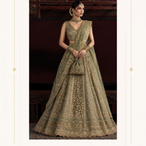 Maharani Sage Green Royal Embroidered Lehenga Choli Make a graceful statement at your next celebration with the Maharani Sage Green Royal Embroidered Lehenga Choli, Sage Green Royal Embroidered Lehenga Choli with Dupatta , Maharani Designer Boutique Jalandhar, an exquisite ethnic ensemble designed for women who love sophisticated colours and luxurious traditional detailing. Featuring a muted sage green base enriched with intricate gold-toned embroidery, this lehenga choli captures the beauty of timeless Indian occasion wear with a refined contemporary appeal. Brand: Maharani Designer Boutique Category: Designer Lehenga Choli Colour: Sage Green Embroidery: Gold-Toned Heavy Embroidery Set Includes: Embroidered Choli, Lehenga & Dupatta Style: Royal / Designer / Traditional Contemporary Occasion: Wedding, Engagement, Reception, Sangeet & Festive Wear