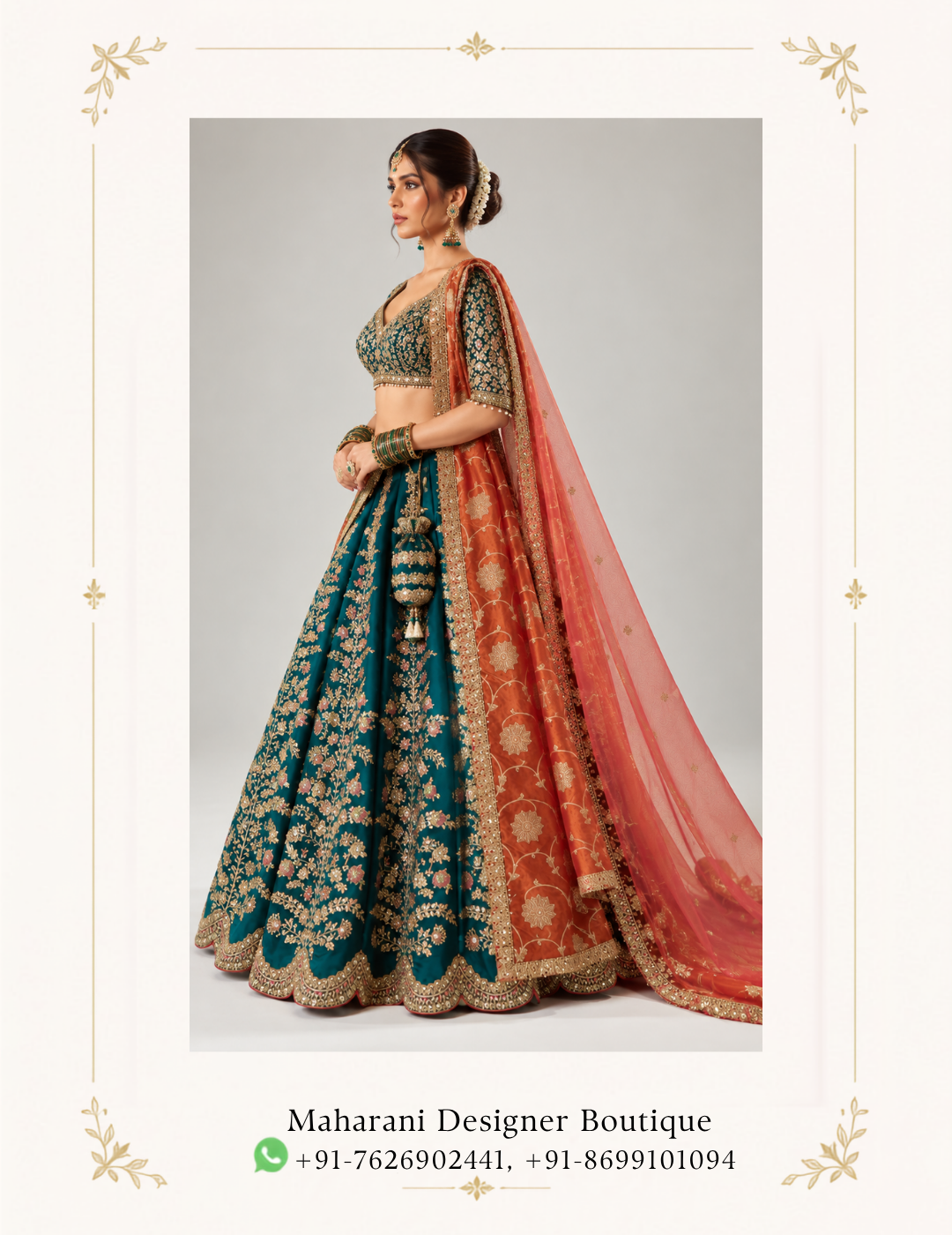 Shop the Maharani Teal & Rust Royal Embroidered Lehenga Choli with golden floral embroidery and rust orange dupatta. Perfect for weddings, bridal events and festive occasions.