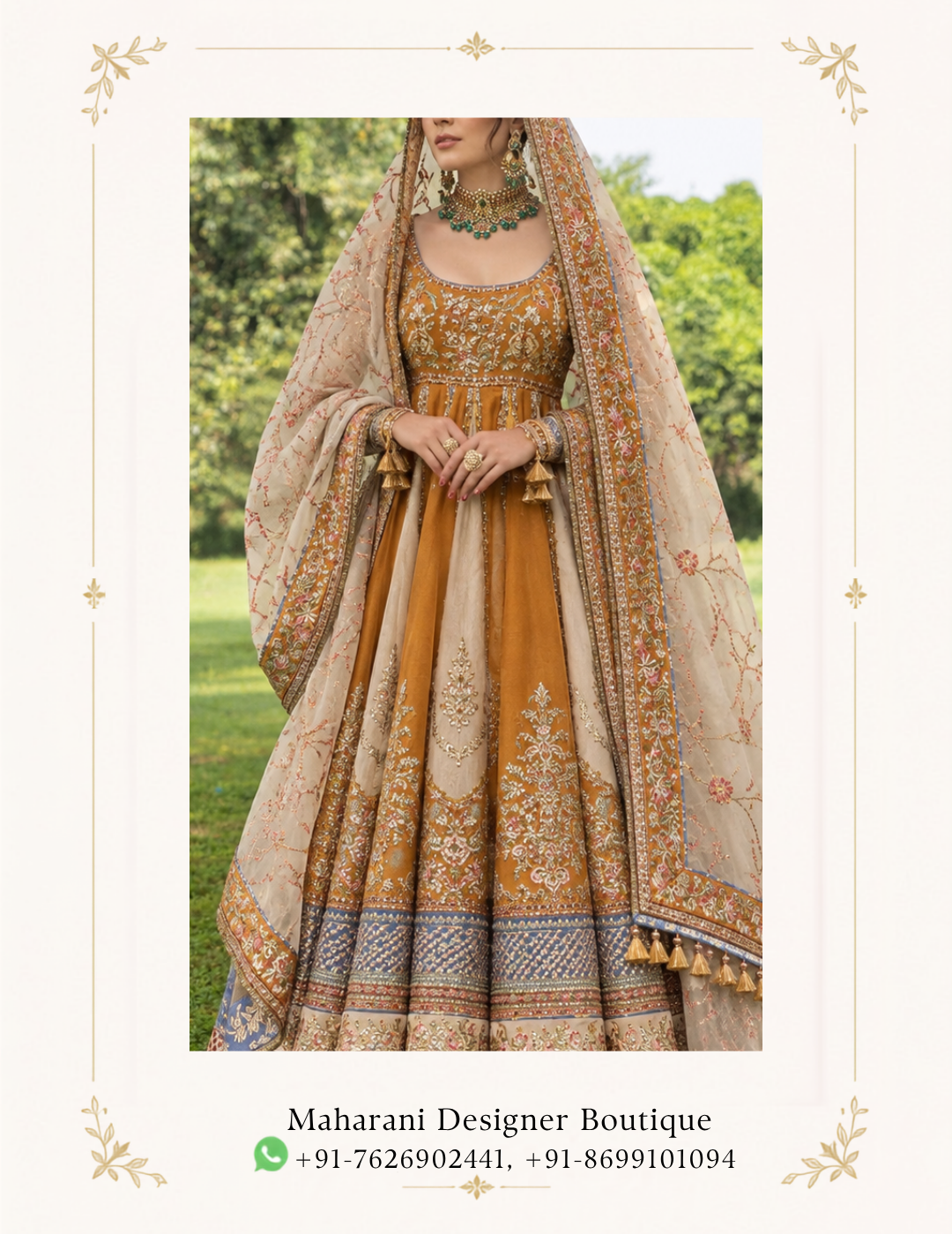 Maharani Mustard Heritage Embroidered Anarkali Suit Step into regal elegance with the Maharani Mustard Heritage Embroidered Anarkali Suit, a graceful ensemble inspired by traditional Indian craftsmanship and timeless festive style. Perfect for weddings, festive celebrations, mehendi functions, sangeet ceremonies, family gatherings and special occasions, this designer Anarkali offers a graceful combination of heritage-inspired detailing and sophisticated styling. Brand: Maharani Designer Boutique Category: Designer Anarkali Suit Colour: Mustard Gold & Ivory Work: Embroidery & Heavy Border Work Occasion: Wedding, Festive, Mehendi & Sangeet Wear