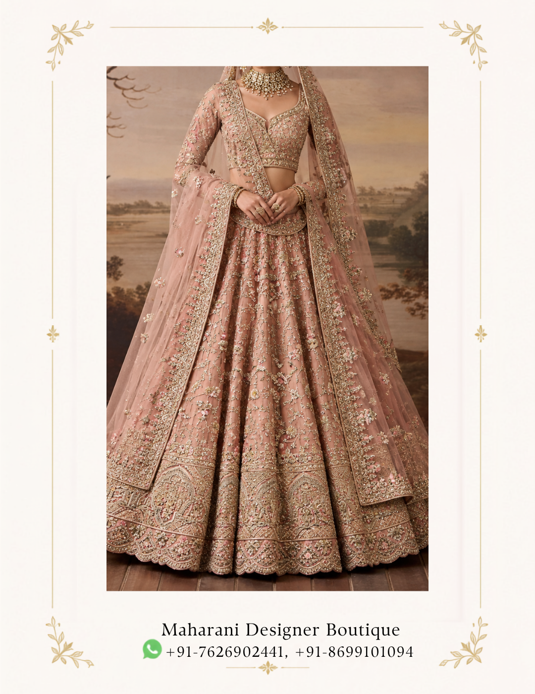 Maharani Blush Rose Royal Embroidered Bridal Lehenga Embrace timeless bridal elegance with the Maharani Blush Rose Royal Embroidered Bridal Lehenga, Blush Rose Designer Bridal Lehenga with Heavy Gold Embroidery , Maharani Designer Boutique Jalandhar, a sophisticated ensemble crafted in a soft blush-rose hue with luxurious golden embroidery. Perfect for bridal celebrations, engagement ceremonies, wedding receptions, sangeet functions and other grand occasions, this designer lehenga brings together traditional craftsmanship and elegant contemporary styling. Brand: Maharani Designer Boutique Category: Designer Bridal Lehenga Colour: Blush Rose / Soft Pink Work: Heavy Embroidery & Embellishment Occasion: Bridal, Wedding, Reception, Engagement & Sangeet Maharani Blush Rose Royal Embroidered Sharara Suit,Royal Rose Gold Embroidered Punjabi Suit,Maharani Rose Gold Mirror Work Bridal Lehenga Choli,Maharani Rose Pink Royal Embroidered Sharara Sui,Maharani Blush Pink Royal Embroidered Salwar Suit