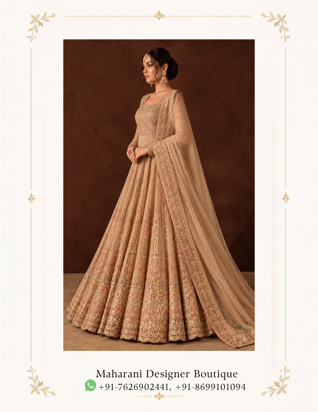 Maharani Champagne Beige Royal Embroidered Anarkali Suit Embrace timeless elegance with the Maharani Champagne Beige Royal Embroidered Anarkali Suit, Champagne Beige Embroidered Anarkali Suit with Dupatta , Maharani Designer Boutique Jalandhar, a luxurious ensemble crafted in a sophisticated champagne beige tone. The flowing Anarkali silhouette is adorned with intricate floral embroidery, delicate embellishments and detailed vertical motifs that beautifully enhance the graceful flare. The soft champagne palette makes this Anarkali an elegant choice for weddings, receptions, engagement ceremonies, festive celebrations and evening occasions. Brand: Maharani Designer Boutique Category: Anarkali Suit Colour: Champagne Beige Work: Floral Embroidery & Embellishment Occasion: Wedding, Reception, Engagement & Festive Wear Maharani Champagne Beige Embroidered Anarkali Suit,Royal Champagne Hand Embroidered Palazzo Suit, Luxury Champagne Gold Embroidered Sharara Suit,MDB 027210062 ,Anarkali Suit with Embroidered Bodice & Organza Dupatta