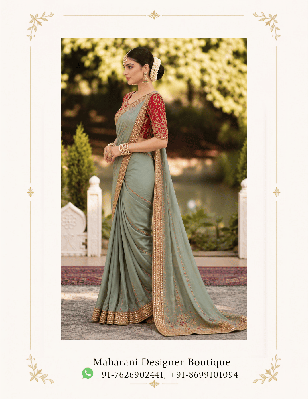 Maharani Sage Green Royal Embroidered Saree Elevate your ethnic wardrobe with the Maharani Sage Green Royal Embroidered Saree, Sage Green Embroidered Saree with Maroon Blouse, Maharani Designer Boutique Jalandhar, a sophisticated blend of soft sage green and rich maroon. The saree features delicate embroidery across the flowing drape, highlighted by an ornate golden embroidered border for a refined festive finish. Perfect for weddings, festive celebrations, receptions, family functions and elegant evening occasions, this designer saree offers timeless Indian elegance with a contemporary colour palette. Brand: Maharani Designer Boutique Category: Designer Saree Colour: Sage Green & Maroon Work: Embroidery & Embellished Border Occasion: Wedding, Reception, Festive & Party Wear Maharani Sage Green Royal Embroidered Saree,Maharani Sage Green Royal Embroidered Lehenga Choli,Sage Green Heavy Embroidered Salwar Suit with Dupatta,Sage Green Punjabi Suit with Palazzo,Maharani Emerald Sage Royal Embroidered Lehenga Choli