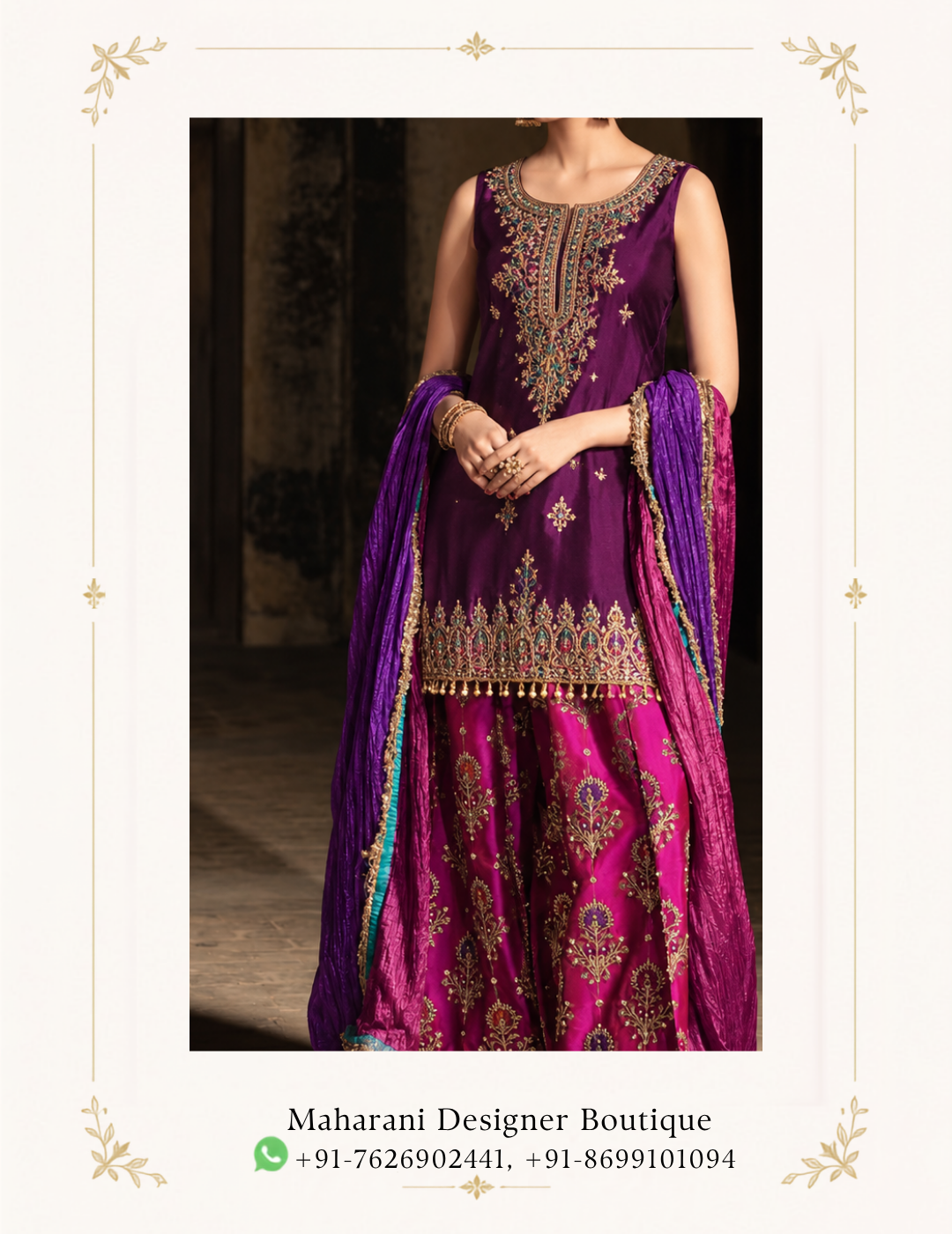 Maharani Royal Plum & Magenta Embroidered Salwar Suit Elevate your ethnic wardrobe with the Maharani Royal Plum & Magenta Embroidered Salwar Suit, Purple Designer Salwar Suit with Magenta Bottom & Embroidered Dupatta, Maharani Designer Boutique Jalandhar, a luxurious ensemble featuring rich jewel tones and intricate traditional embroidery. Perfect for weddings, festive celebrations, mehendi functions, sangeet ceremonies, family gatherings and special occasions, this designer salwar suit blends traditional Indian craftsmanship with a rich contemporary colour palette. Brand: Maharani Designer Boutique Category: Designer Salwar Suit Colour: Plum Purple, Magenta & Turquoise Work: Embroidery & Traditional Border Work Occasion: Wedding, Festive, Mehendi & Sangeet Wear