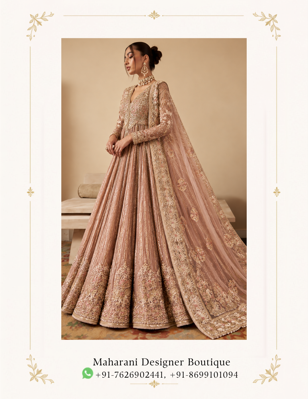 Maharani Rose Gold Heritage Embroidered Anarkali Suit Elevate your festive wardrobe with the Maharani Rose Gold Heritage Embroidered Anarkali Suit, Rose Gold Designer Anarkali Suit with Heavy Embroidery & Dupatta , Maharani Designer Boutique Jalandhar, a sophisticated ensemble designed in a soft rose-gold and blush palette. Perfect for weddings, receptions, festive celebrations, engagement parties, sangeet functions and elegant evening occasions, this designer Anarkali brings together traditional Indian craftsmanship with a refined contemporary aesthetic. Brand: Maharani Designer Boutique Category: Designer Anarkali Suit Colour: Rose Gold / Blush Work: Embroidery & Embellishment Occasion: Wedding, Reception, Sangeet & Festive Wear Royal Rose Gold Embroidered Punjabi Suit,Maharani Rose Gold Mirror Work Bridal Lehenga Choli,Maharani Rose Pink Royal Embroidered Sharara Suit,Maharani Rose Gold Embroidered Salwar Suit,Maharani Blush Rose Royal Embroidered Sharara Suit