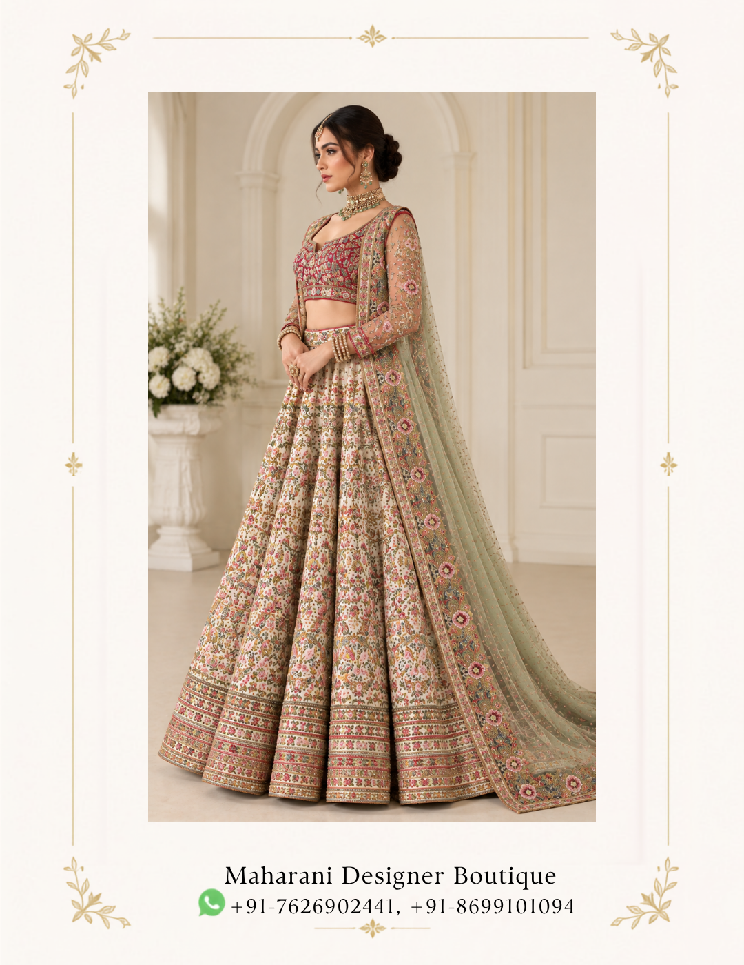 Maharani Ivory Floral Heritage Designer Lehenga Choli Step into effortless elegance with the Maharani Ivory Floral Heritage Lehenga, a beautifully detailed ensemble featuring a soft ivory base enriched with colourful floral embroidery and traditional craftsmanship. Perfect for engagements, mehndi ceremonies, sangeet functions, wedding celebrations, receptions and festive occasions, this designer lehenga beautifully combines traditional Indian artistry with contemporary bridal styling. Brand: Maharani Designer Boutique Category: Designer Lehenga Colour: Ivory, Sage Green & Multicolour Work: Floral Embroidery & Embellishment Occasion: Wedding, Engagement & Festive Wear Maharani Ivory Floral Heritage Lehenga ,Maharani Ivory Blush Embroidered Sharara Sui,Ivory Gold Heritage Embroidered Bridal Lehenga Choli,Ivory & Blush Pink Embroidered Sharara Suit,Blush Garden Embroidery Sharara Sui