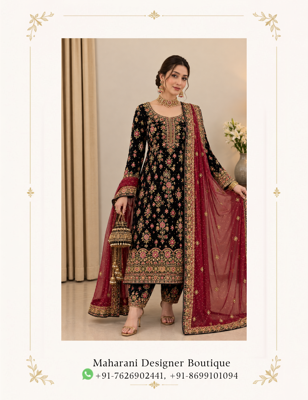 Maharani Black Floral Heritage Embroidered Salwar Suit Make a sophisticated statement with the Maharani Black Floral Heritage Embroidered Salwar Suit, Black Embroidered Salwar Suit with Maroon Dupatta , Maharani Designer Boutique, Jalandhar featuring an elegant black base richly adorned with intricate multicolour floral embroidery and traditional detailing. Perfect for weddings, receptions, festive celebrations, parties, family functions and special occasions, this designer salwar suit combines traditional craftsmanship with a graceful contemporary silhouette. Brand: Maharani Designer Boutique Category: Designer Salwar Suit Colour: Black & Maroon Work: Floral Embroidery & Embellishment Occasion: Wedding, Festive & Party Wear Luxury Floral Embroidered Sharara Suit,MDB 026345 ,MDB 025399,Royal Heritage Bridal Lehenga Choli,MDB 027210031