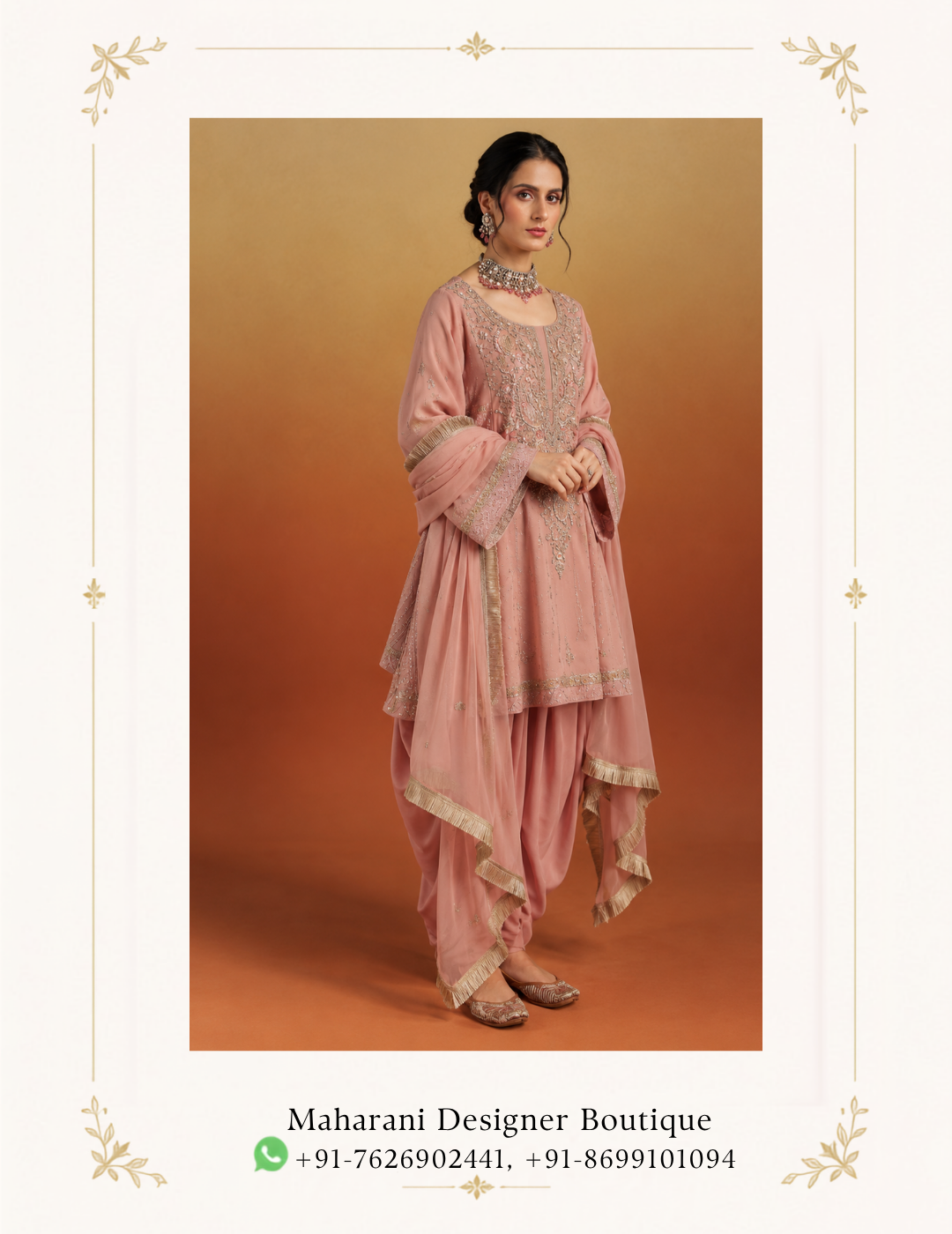 Maharani Blush Pink Royal Embroidered Salwar Suit Add timeless elegance to your ethnic wardrobe with the Maharani Blush Pink Royal Embroidered Salwar Suit, Blush Pink Designer Embroidered Salwar Suit with Patiala Salwar , Maharani Designer Boutique Jalandhar, a sophisticated ensemble designed for women who love graceful colours, delicate embroidery, and traditional Indian silhouettes with a refined contemporary finish. Brand: Maharani Designer Boutique Category: Designer Salwar Suit Colour: Blush Pink Work: Gold-Toned Embroidery Bottom Style: Patiala Salwar Occasion: Wedding, Festive, Party, Engagement & Traditional Wear Blush Pink Bridal Lehenga Choli,Sage Green Punjabi Suit with Palazzo,Blush Garden Embroidery Sharara Suit,Sage Green Bridal Lehenga with Pink Dupatta,Ivory & Blush Pink Embroidered Sharara Suit