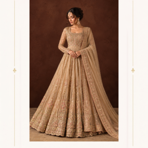 Maharani Champagne Beige Royal Embroidered Anarkali Suit Embrace timeless elegance with the Maharani Champagne Beige Royal Embroidered Anarkali Suit, Champagne Beige Embroidered Anarkali Suit with Dupatta , Maharani Designer Boutique Jalandhar, a luxurious ensemble crafted in a sophisticated champagne beige tone. The flowing Anarkali silhouette is adorned with intricate floral embroidery, delicate embellishments and detailed vertical motifs that beautifully enhance the graceful flare. The soft champagne palette makes this Anarkali an elegant choice for weddings, receptions, engagement ceremonies, festive celebrations and evening occasions. Brand: Maharani Designer Boutique Category: Anarkali Suit Colour: Champagne Beige Work: Floral Embroidery & Embellishment Occasion: Wedding, Reception, Engagement & Festive Wear Maharani Champagne Beige Embroidered Anarkali Suit,Royal Champagne Hand Embroidered Palazzo Suit, Luxury Champagne Gold Embroidered Sharara Suit,MDB 027210062 ,Anarkali Suit with Embroidered Bodice & Organza DupattaÂ
