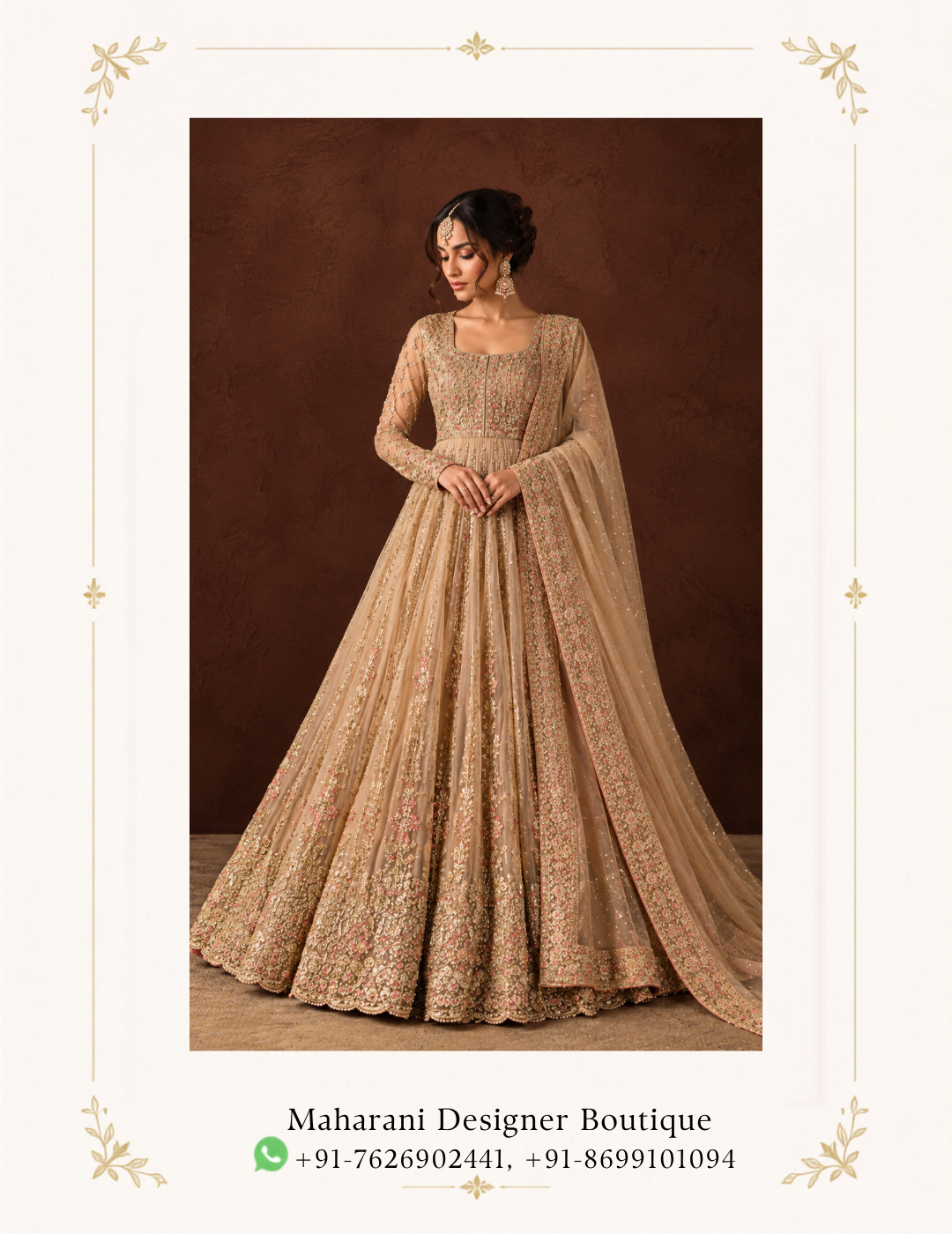 Maharani Champagne Beige Royal Embroidered Anarkali Suit Embrace timeless elegance with the Maharani Champagne Beige Royal Embroidered Anarkali Suit, Champagne Beige Embroidered Anarkali Suit with Dupatta , Maharani Designer Boutique Jalandhar, a luxurious ensemble crafted in a sophisticated champagne beige tone. The flowing Anarkali silhouette is adorned with intricate floral embroidery, delicate embellishments and detailed vertical motifs that beautifully enhance the graceful flare. The soft champagne palette makes this Anarkali an elegant choice for weddings, receptions, engagement ceremonies, festive celebrations and evening occasions. Brand: Maharani Designer Boutique Category: Anarkali Suit Colour: Champagne Beige Work: Floral Embroidery & Embellishment Occasion: Wedding, Reception, Engagement & Festive Wear Maharani Champagne Beige Embroidered Anarkali Suit,Royal Champagne Hand Embroidered Palazzo Suit, Luxury Champagne Gold Embroidered Sharara Suit,MDB 027210062 ,Anarkali Suit with Embroidered Bodice & Organza Dupatta