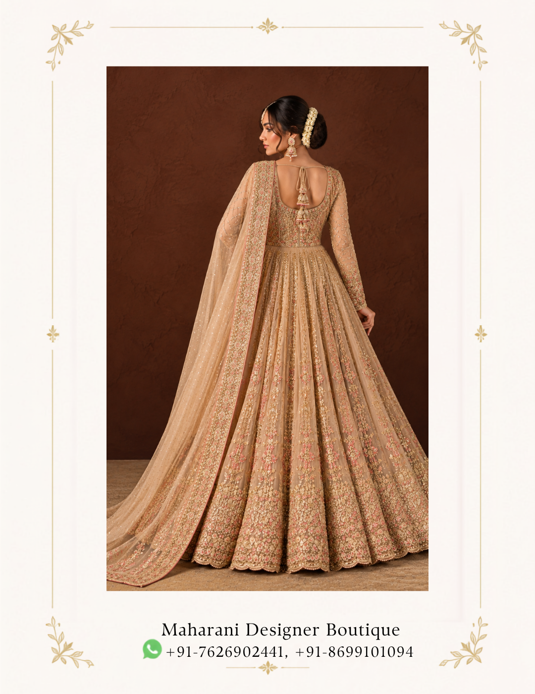 Maharani Champagne Beige Royal Embroidered Anarkali Suit Embrace timeless elegance with the Maharani Champagne Beige Royal Embroidered Anarkali Suit, Champagne Beige Embroidered Anarkali Suit with Dupatta , Maharani Designer Boutique Jalandhar, a luxurious ensemble crafted in a sophisticated champagne beige tone. The flowing Anarkali silhouette is adorned with intricate floral embroidery, delicate embellishments and detailed vertical motifs that beautifully enhance the graceful flare. The soft champagne palette makes this Anarkali an elegant choice for weddings, receptions, engagement ceremonies, festive celebrations and evening occasions. Brand: Maharani Designer Boutique Category: Anarkali Suit Colour: Champagne Beige Work: Floral Embroidery & Embellishment Occasion: Wedding, Reception, Engagement & Festive Wear Maharani Champagne Beige Embroidered Anarkali Suit,Royal Champagne Hand Embroidered Palazzo Suit, Luxury Champagne Gold Embroidered Sharara Suit,MDB 027210062 ,Anarkali Suit with Embroidered Bodice & Organza Dupatta