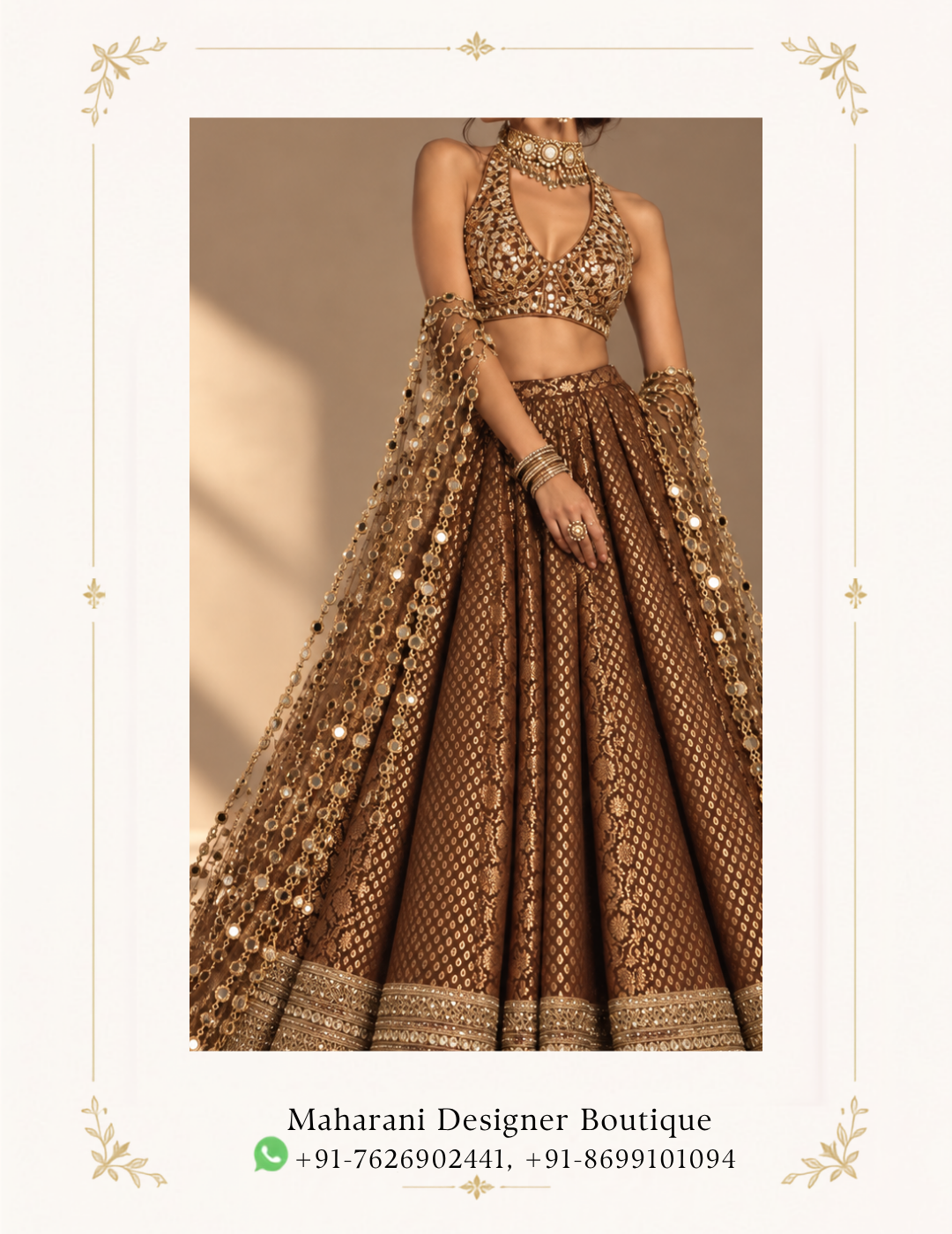 Maharani Chocolate Brown Royal Embroidered Lehenga Make a luxurious statement with the Maharani Chocolate Brown Royal Embroidered Lehenga, Chocolate Brown Designer Lehenga with Gold Embroidery & Sequin Dupatta , Maharani Designer Boutique Jalandhar, an elegant bridal and festive ensemble designed with rich traditional detailing. The deep chocolate brown colour creates a sophisticated base for the intricate gold embroidery and shimmering embellishments. Brand: Maharani Designer Boutique Category: Designer Lehenga Colour: Chocolate Brown Work: Gold Embroidery & Sequin Detailing Style: Royal Designer Lehenga Occasion: Wedding, Bridal & Festive Wear MDB – 10865 ,Royal Teal Hand Embroidered Kurta Palazzo Suit,MDB 023647,MDB 026922 ,Maharani Black & Gold Royal Embroidered Sharara Suit