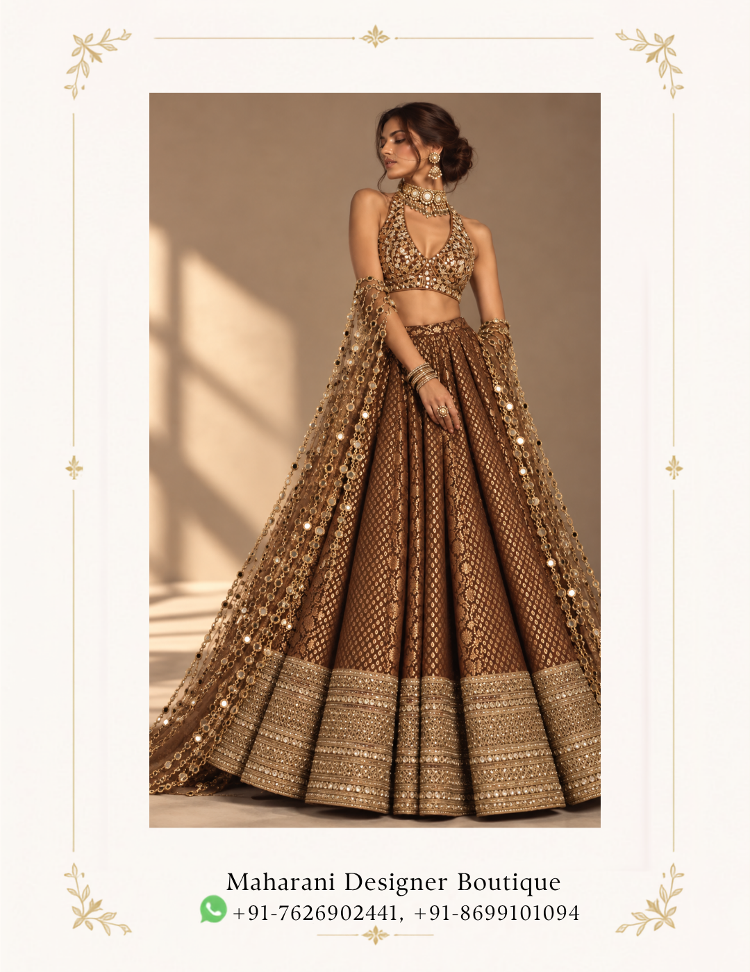 Maharani Chocolate Brown Royal Embroidered Lehenga Make a luxurious statement with the Maharani Chocolate Brown Royal Embroidered Lehenga, Chocolate Brown Designer Lehenga with Gold Embroidery & Sequin Dupatta , Maharani Designer Boutique Jalandhar, an elegant bridal and festive ensemble designed with rich traditional detailing. The deep chocolate brown colour creates a sophisticated base for the intricate gold embroidery and shimmering embellishments. Brand: Maharani Designer Boutique Category: Designer Lehenga Colour: Chocolate Brown Work: Gold Embroidery & Sequin Detailing Style: Royal Designer Lehenga Occasion: Wedding, Bridal & Festive Wear MDB – 10865 ,Royal Teal Hand Embroidered Kurta Palazzo Suit,MDB 023647,MDB 026922 ,Maharani Black & Gold Royal Embroidered Sharara Suit