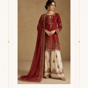 Maharani Crimson Heritage Embroidered Salwar Suit Step into timeless elegance with the Maharani Crimson Heritage Embroidered Salwar Suit, Crimson Red & Ivory Embroidered Salwar Suit with Designer Dupatta, Maharani Designer Boutique Jalandhar, a sophisticated ensemble crafted for festive celebrations and special occasions. The rich crimson red kameez is beautifully contrasted with an ivory salwar, creating a regal and graceful colour combination. The kameez features intricate gold-toned embroidery with a beautifully detailed neckline, floral-inspired motifs and an ornate embroidered hem. The full-length sleeves are enhanced with elaborate embroidery at the cuffs, adding richness and definition to the overall design. Brand: Maharani Designer Boutique Category: Designer Salwar Suit Colour: Crimson Red & Ivory Work: Gold Embroidery Style: Traditional Designer Salwar Suit Occasion: Wedding & Festive Wear Maharani Royal Crimson Bridal Lehenga,Maharani Royal Crimson Bridal Gown,Royal Crimson Heritage Heavy Embroidered Bridal Lehenga,MDB 025900,Ivory Gold Heritage Embroidered Bridal Lehenga Choli