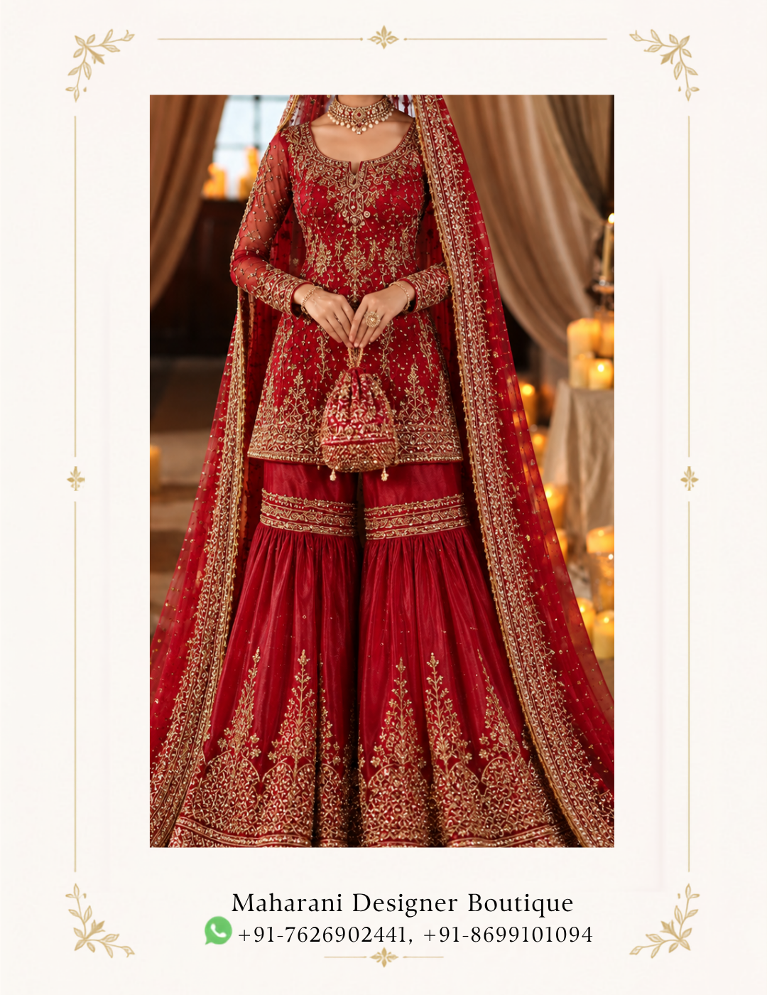 Maharani Crimson Royal Embroidered Sharara Suit Make a regal statement with the Maharani Crimson Royal Embroidered Sharara Suit, Crimson Red Designer Sharara Suit with Heavy Gold Embroidery , Maharani Designer Boutique Jalandhar, a luxurious traditional ensemble crafted in a rich crimson-red shade with intricate golden detailing. Perfect for weddings, mehendi ceremonies, sangeet functions, festive celebrations, receptions and traditional occasions, this designer sharara suit blends classic Indian craftsmanship with a sophisticated royal aesthetic. Brand: Maharani Designer Boutique Category: Designer Sharara Suit Colour: Crimson Red & Gold Work: Heavy Embroidery & Embellishment Occasion: Wedding, Mehendi, Sangeet, Reception & Festive Wear Maharani Royal Crimson Bridal Lehenga,Maharani Crimson Royal Embroidered Bridal Lehenga,Maharani Crimson Royal Bridal Lehenga Choli,Maharani Crimson Heritage Bridal Lehenga,Maharani Black Crimson Heritage Printed Saree