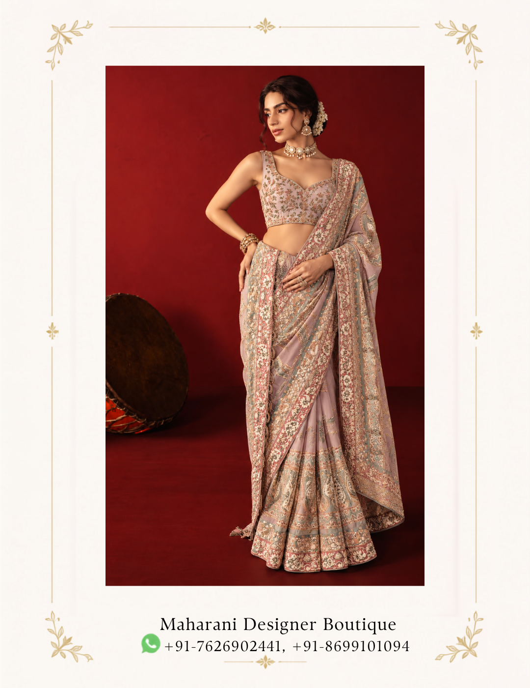 Maharani Dusty Rose Heritage Embroidered Saree Shop a dusty rose designer saree featuring intricate floral embroidery,Dusty Rose Designer Saree with Floral Embroidery & Ornate Border, Maharani designer boutique jalandhar, a statement pallu and ornate borders with a matching embroidered blousPerfect for weddings, receptions, festive celebrations, engagement ceremonies, sangeet functions and elegant evening occasions, this designer saree offers a refined blend of contemporary styling and traditional Indian craftsmanship.e. Brand: Maharani Designer Boutique Category: Designer Saree Colour: Dusty Rose / Blush Pink Work: Embroidery & Ornate Border Work Occasion: Wedding, Reception, Engagement, Sangeet & Festive Wear Red Bridal Saree with Heavy Gold Embroidery & Designer Blouse,Dusty Rose Embroidered Anarkali Lehenga,Maharani Rose Gold Embroidered Salwar Suit,Royal Rose Gold Embroidered Punjabi Suit,Maharani Rose Gold Mirror Work Bridal Lehenga Choli