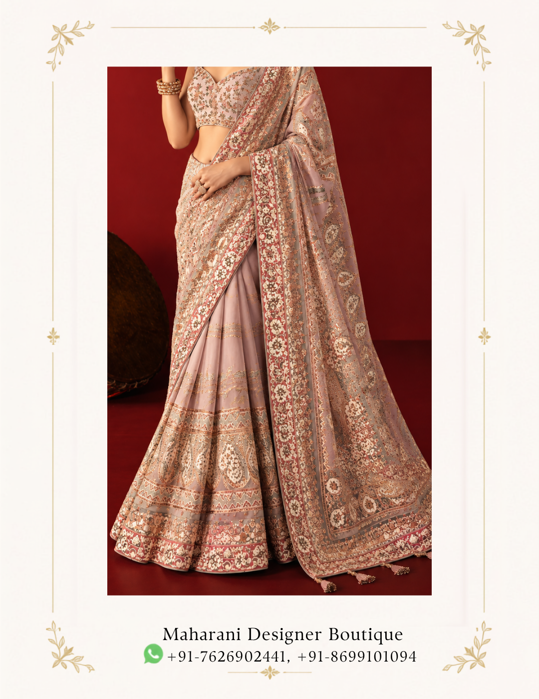 Maharani Dusty Rose Heritage Embroidered Saree - Image 2
