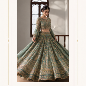 Maharani Emerald Sage Royal Embroidered Lehenga Choli Step into timeless elegance with the Maharani Emerald Sage Royal Embroidered Lehenga Choli, Emerald Sage Green Royal Embroidered Lehenga Choli with Designer Blouse, Maharani Designer Boutique Jalandhar, a luxurious Indian ethnic ensemble created for women who love intricate craftsmanship, graceful silhouettes, and sophisticated festive fashion. This stunning lehenga set features a rich sage-emerald green base adorned with elaborate gold-toned embroidery and delicate multicoloured floral detailing, creating a regal yet contemporary appearance. Brand: Maharani Designer Boutique Category: Designer Lehenga Choli Colour: Emerald Sage Green Work: Royal Embroidery / Gold Detailing Style: Contemporary Traditional Indian Wear Occasion: Wedding, Engagement, Sangeet, Reception & Festive Wear