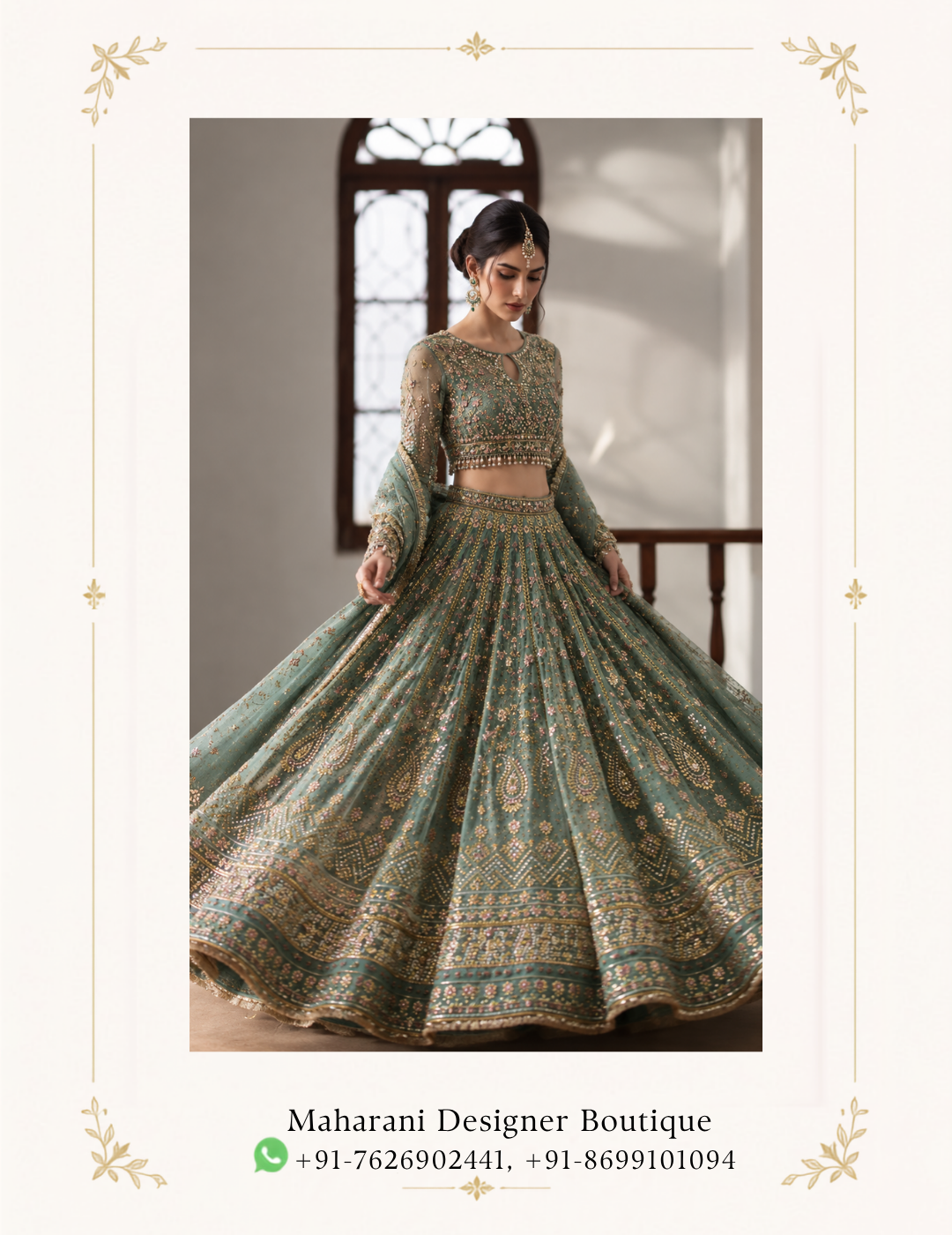 Maharani Emerald Sage Royal Embroidered Lehenga Choli Step into timeless elegance with the Maharani Emerald Sage Royal Embroidered Lehenga Choli, Emerald Sage Green Royal Embroidered Lehenga Choli with Designer Blouse, Maharani Designer Boutique Jalandhar, a luxurious Indian ethnic ensemble created for women who love intricate craftsmanship, graceful silhouettes, and sophisticated festive fashion. This stunning lehenga set features a rich sage-emerald green base adorned with elaborate gold-toned embroidery and delicate multicoloured floral detailing, creating a regal yet contemporary appearance. Brand: Maharani Designer Boutique Category: Designer Lehenga Choli Colour: Emerald Sage Green Work: Royal Embroidery / Gold Detailing Style: Contemporary Traditional Indian Wear Occasion: Wedding, Engagement, Sangeet, Reception & Festive Wear