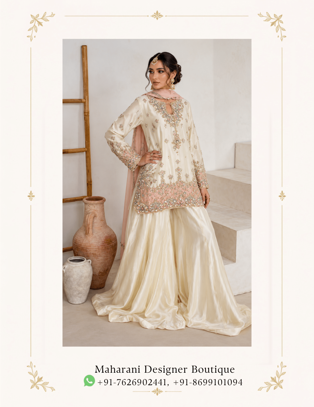 Maharani Ivory Blush Embroidered Sharara Suit Step into effortless elegance with the Maharani Ivory Blush Embroidered Sharara Suit, Ivory & Blush Pink Embroidered Sharara Suit, Maharani designer boutique jalandhar, featuring a graceful ivory and soft blush pink colour combination. The ensemble showcases delicate floral embroidery and intricate embellishment, creating a refined festive look. Perfect for weddings, festive celebrations, engagement ceremonies, mehndi functions, family occasions and elegant evening gatherings, this designer sharara suit combines traditional craftsmanship with contemporary sophistication. Brand: Maharani Designer Boutique Category: Sharara Suit Colour: Ivory & Blush Pink Work: Floral Embroidery & Embellishment Occasion: Wedding, Festive, Engagement & Party Wear Maharani Ivory Floral Heritage Lehenga,Maharani Blush Pink Royal Embroidered Salwar Suit,Maharani Blush Pink Royal Embroidered Lehenga,Blush Pink Bridal Lehenga Choli,Blush Garden Embroidery Sharara Suit