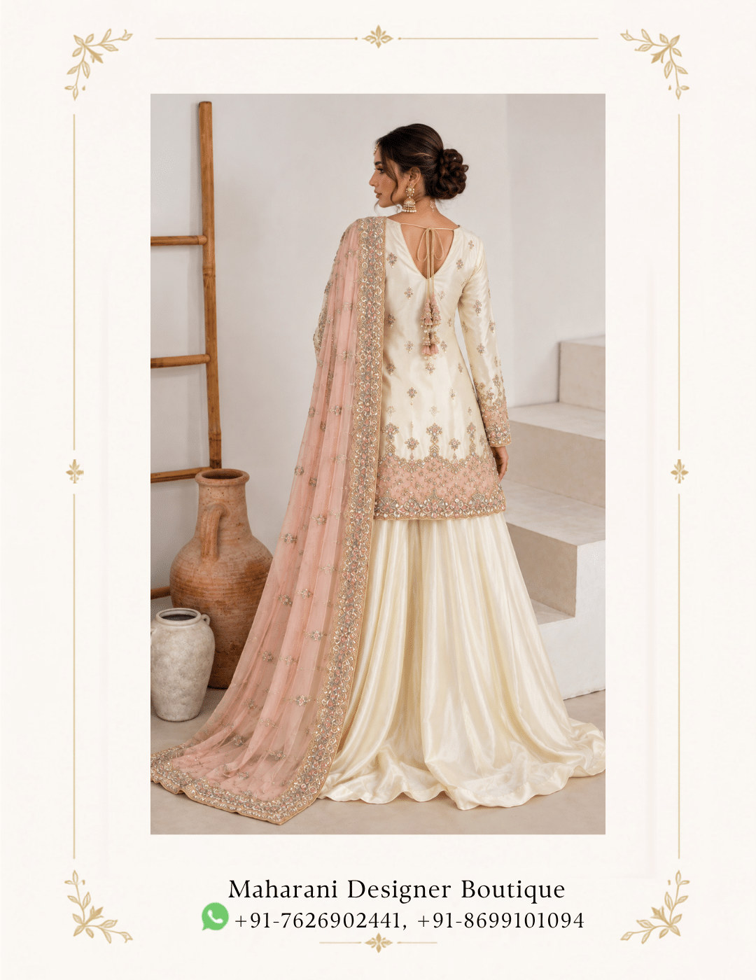 Maharani Ivory Blush Embroidered Sharara Suit Step into effortless elegance with the Maharani Ivory Blush Embroidered Sharara Suit, Ivory & Blush Pink Embroidered Sharara Suit, Maharani designer boutique jalandhar, featuring a graceful ivory and soft blush pink colour combination. The ensemble showcases delicate floral embroidery and intricate embellishment, creating a refined festive look. Perfect for weddings, festive celebrations, engagement ceremonies, mehndi functions, family occasions and elegant evening gatherings, this designer sharara suit combines traditional craftsmanship with contemporary sophistication. Brand: Maharani Designer Boutique Category: Sharara Suit Colour: Ivory & Blush Pink Work: Floral Embroidery & Embellishment Occasion: Wedding, Festive, Engagement & Party Wear Maharani Ivory Floral Heritage Lehenga,Maharani Blush Pink Royal Embroidered Salwar Suit,Maharani Blush Pink Royal Embroidered Lehenga,Blush Pink Bridal Lehenga Choli,Blush Garden Embroidery Sharara Suit