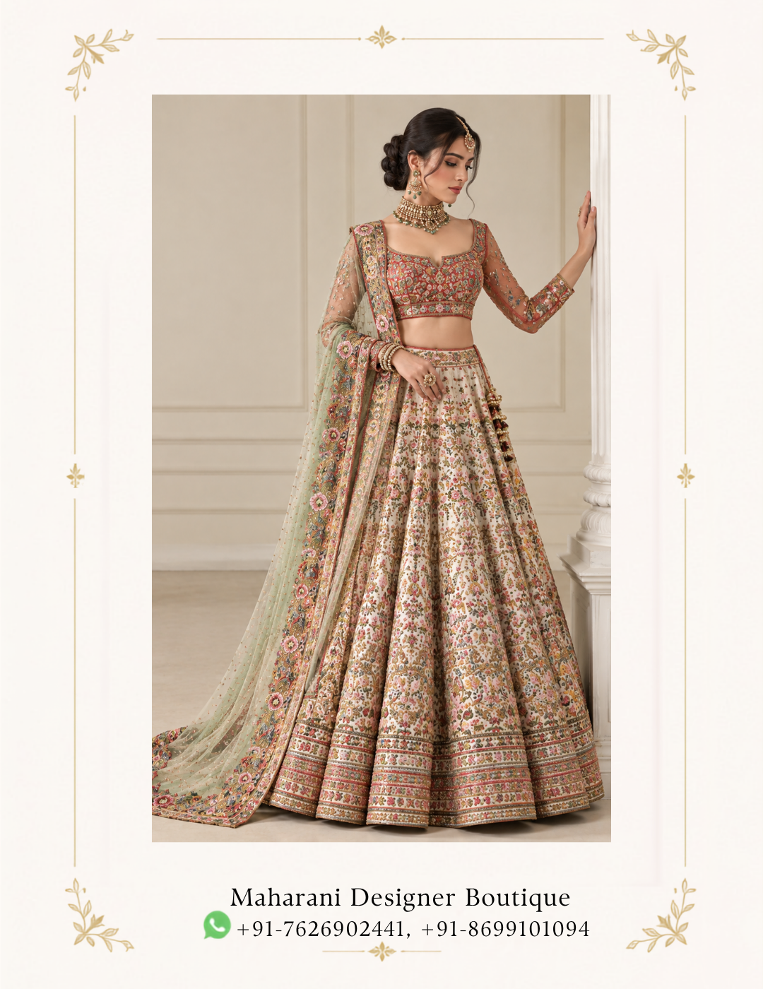 Maharani Ivory Floral Heritage Designer Lehenga Choli Step into effortless elegance with the Maharani Ivory Floral Heritage Lehenga, a beautifully detailed ensemble featuring a soft ivory base enriched with colourful floral embroidery and traditional craftsmanship. Perfect for engagements, mehndi ceremonies, sangeet functions, wedding celebrations, receptions and festive occasions, this designer lehenga beautifully combines traditional Indian artistry with contemporary bridal styling. Brand: Maharani Designer Boutique Category: Designer Lehenga Colour: Ivory, Sage Green & Multicolour Work: Floral Embroidery & Embellishment Occasion: Wedding, Engagement & Festive Wear Maharani Ivory Floral Heritage Lehenga ,Maharani Ivory Blush Embroidered Sharara Sui,Ivory Gold Heritage Embroidered Bridal Lehenga Choli,Ivory & Blush Pink Embroidered Sharara Suit,Blush Garden Embroidery Sharara Sui