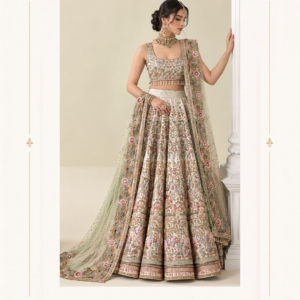 Maharani Ivory Floral Heritage Lehenga Embrace timeless elegance with the Maharani Ivory Floral Heritage Lehenga, Ivory Floral Designer Lehenga with Pastel Embroidery & Sage Green Dupatta , Maharani Designer Boutique Jalandhar, a beautifully detailed ensemble featuring a soft ivory base adorned with delicate multicoloured floral embroidery. The combination of ivory, pastel pink, sage green and gold creates a graceful and sophisticated look. Perfect for engagements, mehndi celebrations, sangeet functions, wedding receptions and festive occasions, this designer lehenga is an elegant choice for women who love sophisticated traditional fashion with a fresh pastel palette. Brand: Maharani Designer Boutique Category: Designer Lehenga Colour: Ivory, Sage Green & Pastel Multicolour Work: Floral Embroidery & Embellishment Style: Floral Designer Lehenga Occasion: Wedding, Festive & Party Wear Ivory Gold Heritage Embroidered Bridal Lehenga ,Blush Garden Embroidery Sharara Suit,Ivory & Blush Pink Embroidered Sharara Suit,Ivory Gold Embroidered Bridal Lehenga,Luxury Floral Embroidered Sharara Suit