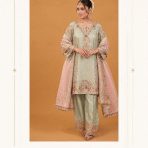 Maharani Mint Blush Embroidered Punjabi Suit Refresh your ethnic wardrobe with the Maharani Mint Blush Embroidered Punjabi Suit, featuring a soft mint green base beautifully paired with delicate blush pink detailing. This elegant ensemble showcases intricate floral embroidery, refined embellishments and graceful traditional craftsmanship. Perfect for weddings, mehndi functions, festive celebrations, family gatherings, pujas and elegant party wear, this designer Punjabi suit blends traditional charm with contemporary pastel styling. Brand: Maharani Designer Boutique Category: Punjabi Suit / Salwar Suit Colour: Mint Green & Blush Pink Work: Floral Embroidery & Embellishment Occasion: Wedding, Mehndi, Festive & Party Wear