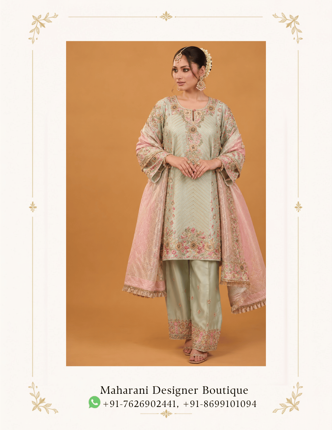 Maharani Mint Blush Embroidered Punjabi Suit Refresh your ethnic wardrobe with the Maharani Mint Blush Embroidered Punjabi Suit, featuring a soft mint green base beautifully paired with delicate blush pink detailing. This elegant ensemble showcases intricate floral embroidery, refined embellishments and graceful traditional craftsmanship. Perfect for weddings, mehndi functions, festive celebrations, family gatherings, pujas and elegant party wear, this designer Punjabi suit blends traditional charm with contemporary pastel styling. Brand: Maharani Designer Boutique Category: Punjabi Suit / Salwar Suit Colour: Mint Green & Blush Pink Work: Floral Embroidery & Embellishment Occasion: Wedding, Mehndi, Festive & Party Wear