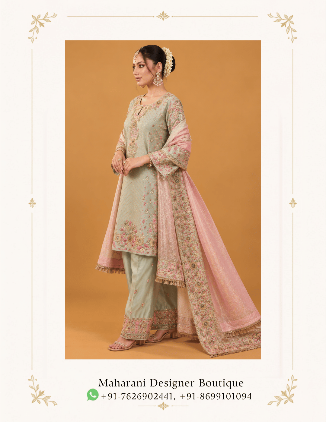 Maharani Mint Blush Embroidered Punjabi Suit Refresh your ethnic wardrobe with the Maharani Mint Blush Embroidered Punjabi Suit, featuring a soft mint green base beautifully paired with delicate blush pink detailing. This elegant ensemble showcases intricate floral embroidery, refined embellishments and graceful traditional craftsmanship. Perfect for weddings, mehndi functions, festive celebrations, family gatherings, pujas and elegant party wear, this designer Punjabi suit blends traditional charm with contemporary pastel styling. Brand: Maharani Designer Boutique Category: Punjabi Suit / Salwar Suit Colour: Mint Green & Blush Pink Work: Floral Embroidery & Embellishment Occasion: Wedding, Mehndi, Festive & Party Wear