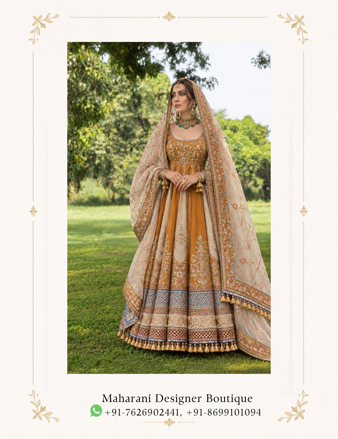 Maharani Mustard Heritage Embroidered Anarkali Suit Step into regal elegance with the Maharani Mustard Heritage Embroidered Anarkali Suit, a graceful ensemble inspired by traditional Indian craftsmanship and timeless festive style. Perfect for weddings, festive celebrations, mehendi functions, sangeet ceremonies, family gatherings and special occasions, this designer Anarkali offers a graceful combination of heritage-inspired detailing and sophisticated styling. Brand: Maharani Designer Boutique Category: Designer Anarkali Suit Colour: Mustard Gold & Ivory Work: Embroidery & Heavy Border Work Occasion: Wedding, Festive, Mehendi & Sangeet Wear