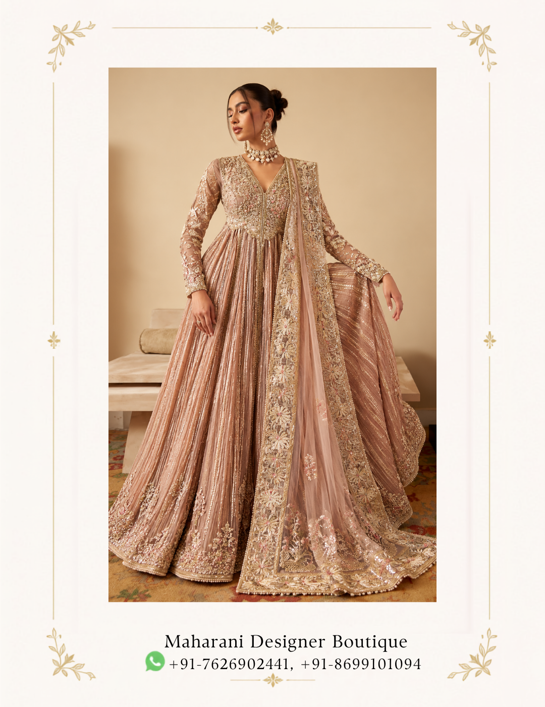 Maharani Rose Gold Heritage Embroidered Anarkali Suit Elevate your festive wardrobe with the Maharani Rose Gold Heritage Embroidered Anarkali Suit, Rose Gold Designer Anarkali Suit with Heavy Embroidery & Dupatta , Maharani Designer Boutique Jalandhar, a sophisticated ensemble designed in a soft rose-gold and blush palette. Perfect for weddings, receptions, festive celebrations, engagement parties, sangeet functions and elegant evening occasions, this designer Anarkali brings together traditional Indian craftsmanship with a refined contemporary aesthetic. Brand: Maharani Designer Boutique Category: Designer Anarkali Suit Colour: Rose Gold / Blush Work: Embroidery & Embellishment Occasion: Wedding, Reception, Sangeet & Festive Wear Royal Rose Gold Embroidered Punjabi Suit,Maharani Rose Gold Mirror Work Bridal Lehenga Choli,Maharani Rose Pink Royal Embroidered Sharara Suit,Maharani Rose Gold Embroidered Salwar Suit,Maharani Blush Rose Royal Embroidered Sharara Suit