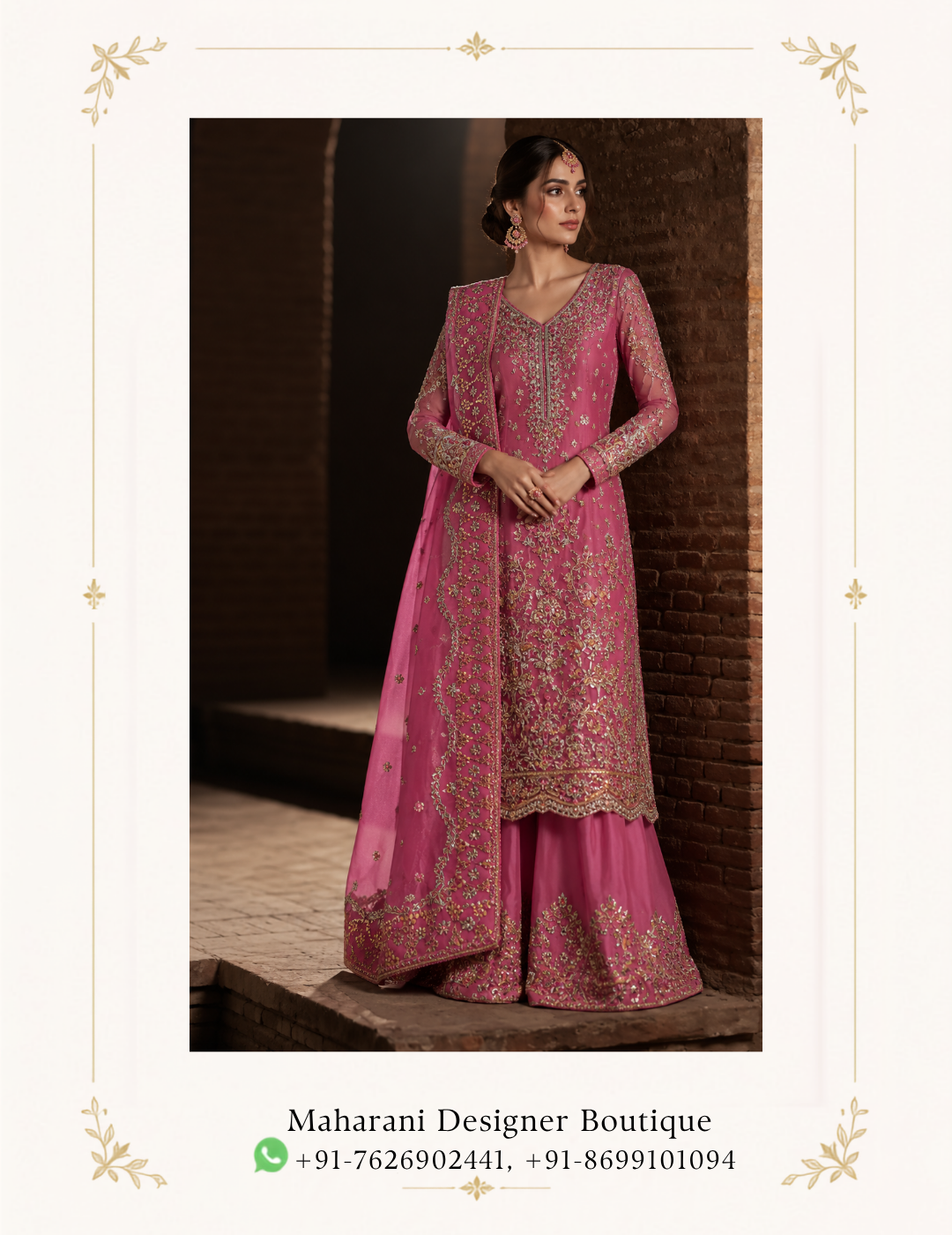 Maharani Rose Pink Royal Embroidered Sharara Suit Make a graceful statement with the Maharani Rose Pink Royal Embroidered Sharara Suit, Rose Pink Designer Sharara Suit with Heavy Embroidery & Dupatta , Maharani Designer Boutique Jalandhar, a beautifully crafted ensemble that blends traditional elegance with contemporary sophistication. The rich rose pink tone gives this outfit a feminine and luxurious appeal, while the intricate embroidery adds depth and glamour. Brand: Maharani Designer Boutique Category: Designer Sharara Suit Colour: Rose Pink Work: Intricate Embroidery Style: Royal Designer Sharara Suit Occasion: Wedding & Festive Wear Royal Rose Gold Embroidered Punjabi Suit,Maharani Rose Gold Embroidered Salwar Suit,Dusty Rose Embroidered Anarkali Lehenga,MDB 027210062 ,Embroidered Punjabi Suit with Gold Handwork