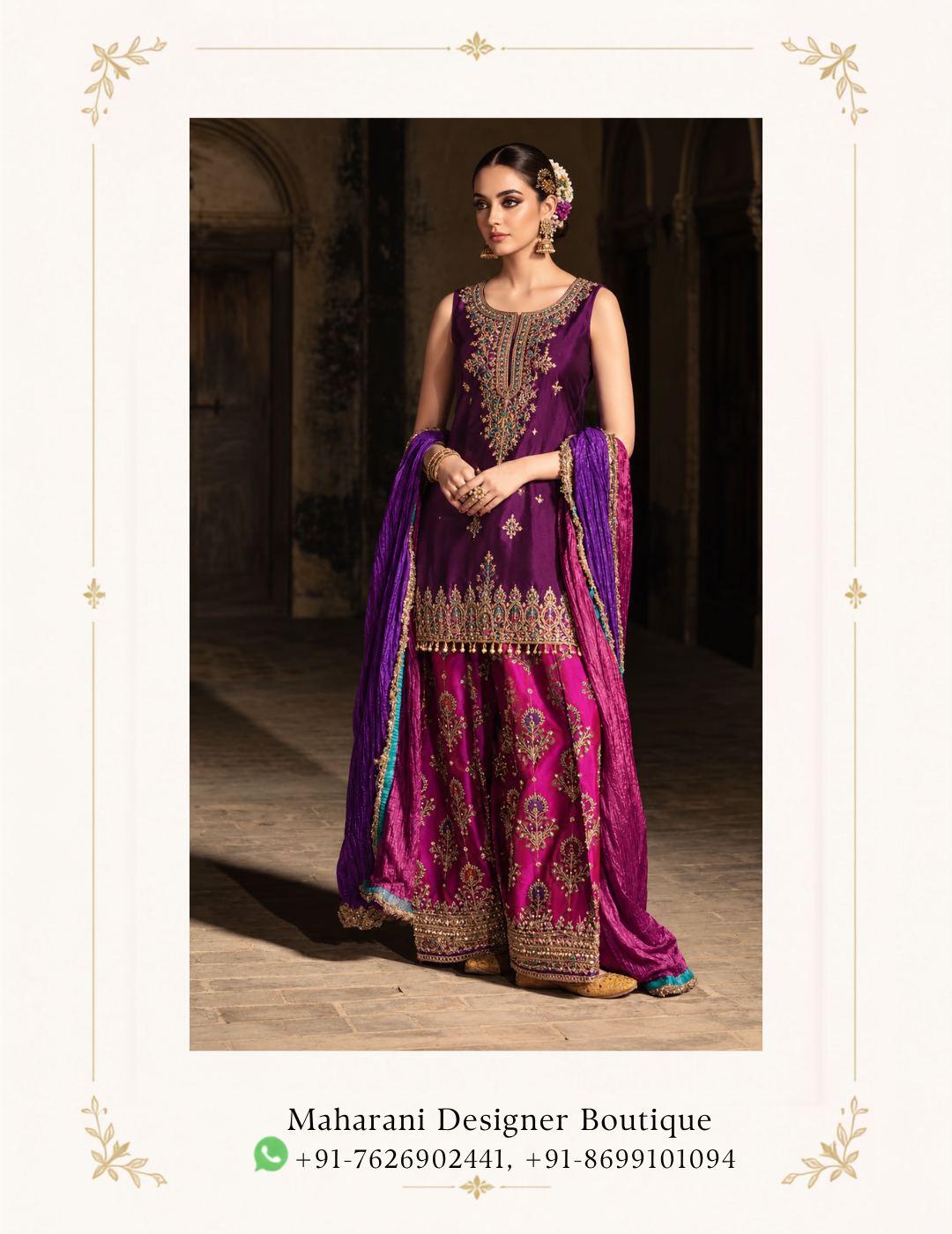 Maharani Royal Plum & Magenta Embroidered Salwar Suit Elevate your ethnic wardrobe with the Maharani Royal Plum & Magenta Embroidered Salwar Suit, Purple Designer Salwar Suit with Magenta Bottom & Embroidered Dupatta, Maharani Designer Boutique Jalandhar, a luxurious ensemble featuring rich jewel tones and intricate traditional embroidery. Perfect for weddings, festive celebrations, mehendi functions, sangeet ceremonies, family gatherings and special occasions, this designer salwar suit blends traditional Indian craftsmanship with a rich contemporary colour palette. Brand: Maharani Designer Boutique Category: Designer Salwar Suit Colour: Plum Purple, Magenta & Turquoise Work: Embroidery & Traditional Border Work Occasion: Wedding, Festive, Mehendi & Sangeet Wear