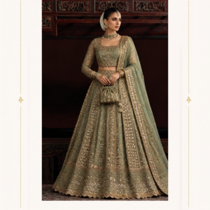 Maharani Sage Green Royal Embroidered Bridal Lehenga Make your bridal celebration unforgettable with the Maharani Sage Green Royal Embroidered Bridal Lehenga, Sage Green Bridal Lehenga with Heavy Gold Embroidery & Embellished Dupatta , Maharani Designer Boutique Jalandhar, a regal ensemble designed in an elegant sage green palette with luxurious antique-gold detailing. The soft sage green and antique-gold combination offers a sophisticated alternative to traditional bridal colours, making it suitable for weddings, bridal receptions, engagement ceremonies, sangeet evenings and other grand celebrations. Brand: Maharani Designer Boutique Category: Bridal Lehenga Colour: Sage Green & Antique Gold Work: Heavy Embroidery & Embellishment Occasion: Bridal, Wedding, Reception & Engagement Wear
