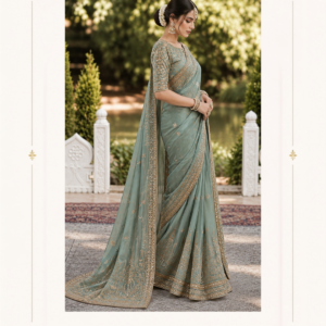 Maharani Sage Green Royal Embroidered Saree Elevate your ethnic wardrobe with the Maharani Sage Green Royal Embroidered Saree, Sage Green Designer Saree with Intricate Gold Embroidery & Heavy Border, Maharani Designer Boutique Jalandhar, a graceful statement piece designed in a sophisticated sage green hue. The soft, muted tone is beautifully complemented by intricate gold-toned embroidery, creating an elegant and luxurious look. Brand: Maharani Designer Boutique Category: Designer Saree Colour: Sage Green Work: Gold Embroidery Style: Royal Designer Saree Occasion: Wedding, Festive & Party Wear Maharani Sage Green Royal Embroidered Lehenga Choli,Sage Green Heavy Embroidered Salwar Suit with Dupatta,Maharani Emerald Sage Royal Embroidered Lehenga Choli,Sage Green Embroidered Designer Suit,Sage Green Punjabi Suit with Palazzo