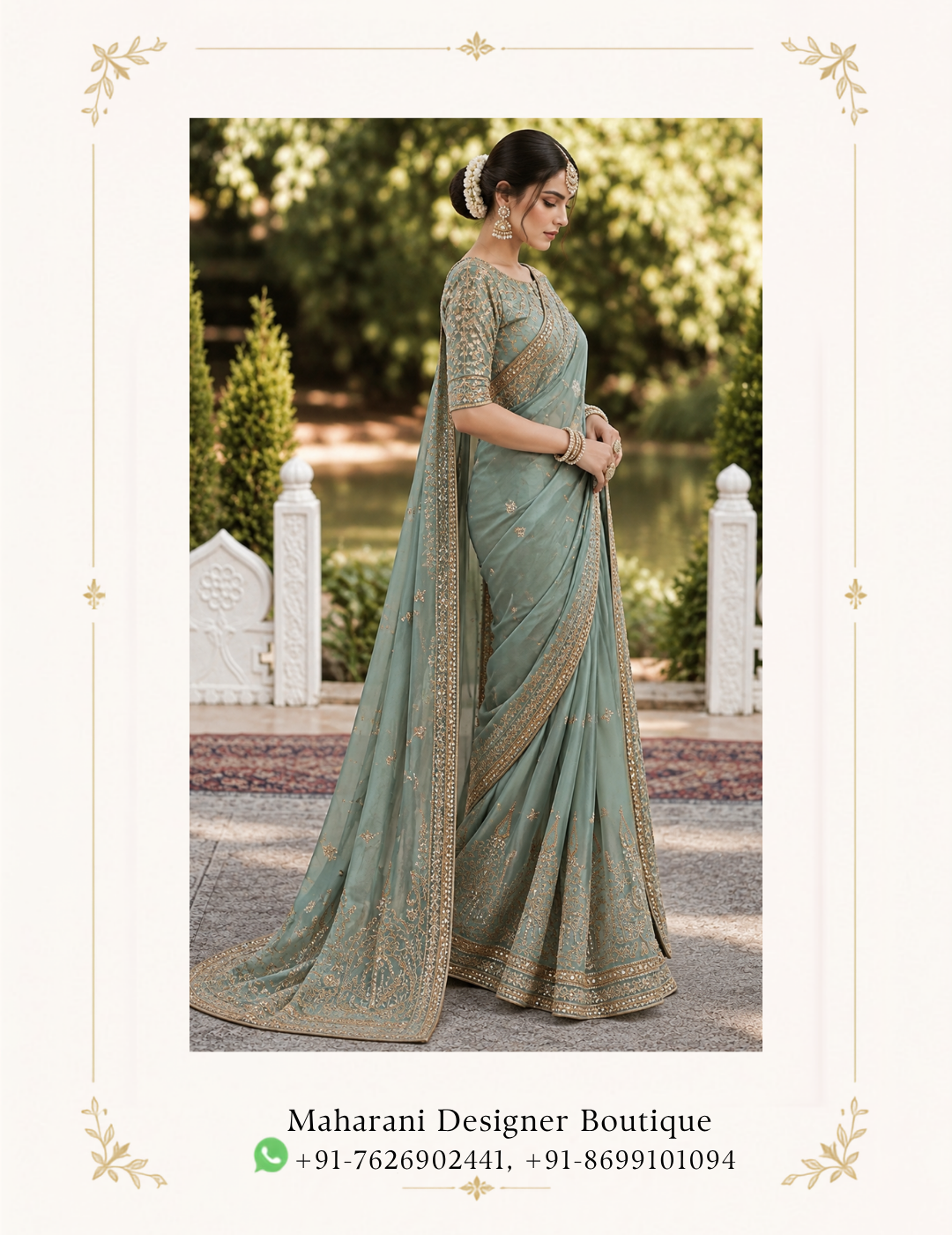 Maharani Sage Green Royal Embroidered Saree Elevate your ethnic wardrobe with the Maharani Sage Green Royal Embroidered Saree, Sage Green Designer Saree with Intricate Gold Embroidery & Heavy Border, Maharani Designer Boutique Jalandhar, a graceful statement piece designed in a sophisticated sage green hue. The soft, muted tone is beautifully complemented by intricate gold-toned embroidery, creating an elegant and luxurious look. Brand: Maharani Designer Boutique Category: Designer Saree Colour: Sage Green Work: Gold Embroidery Style: Royal Designer Saree Occasion: Wedding, Festive & Party Wear Maharani Sage Green Royal Embroidered Lehenga Choli,Sage Green Heavy Embroidered Salwar Suit with Dupatta,Maharani Emerald Sage Royal Embroidered Lehenga Choli,Sage Green Embroidered Designer Suit,Sage Green Punjabi Suit with Palazzo