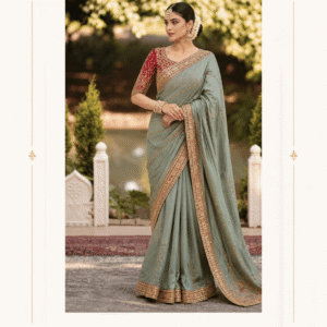 Maharani Sage Green Royal Embroidered Saree Elevate your ethnic wardrobe with the Maharani Sage Green Royal Embroidered Saree, Sage Green Embroidered Saree with Maroon Blouse, Maharani Designer Boutique Jalandhar, a sophisticated blend of soft sage green and rich maroon. The saree features delicate embroidery across the flowing drape, highlighted by an ornate golden embroidered border for a refined festive finish. Perfect for weddings, festive celebrations, receptions, family functions and elegant evening occasions, this designer saree offers timeless Indian elegance with a contemporary colour palette. Brand: Maharani Designer Boutique Category: Designer Saree Colour: Sage Green & Maroon Work: Embroidery & Embellished Border Occasion: Wedding, Reception, Festive & Party Wear Maharani Sage Green Royal Embroidered Saree,Maharani Sage Green Royal Embroidered Lehenga Choli,Sage Green Heavy Embroidered Salwar Suit with Dupatta,Sage Green Punjabi Suit with Palazzo,Maharani Emerald Sage Royal Embroidered Lehenga Choli