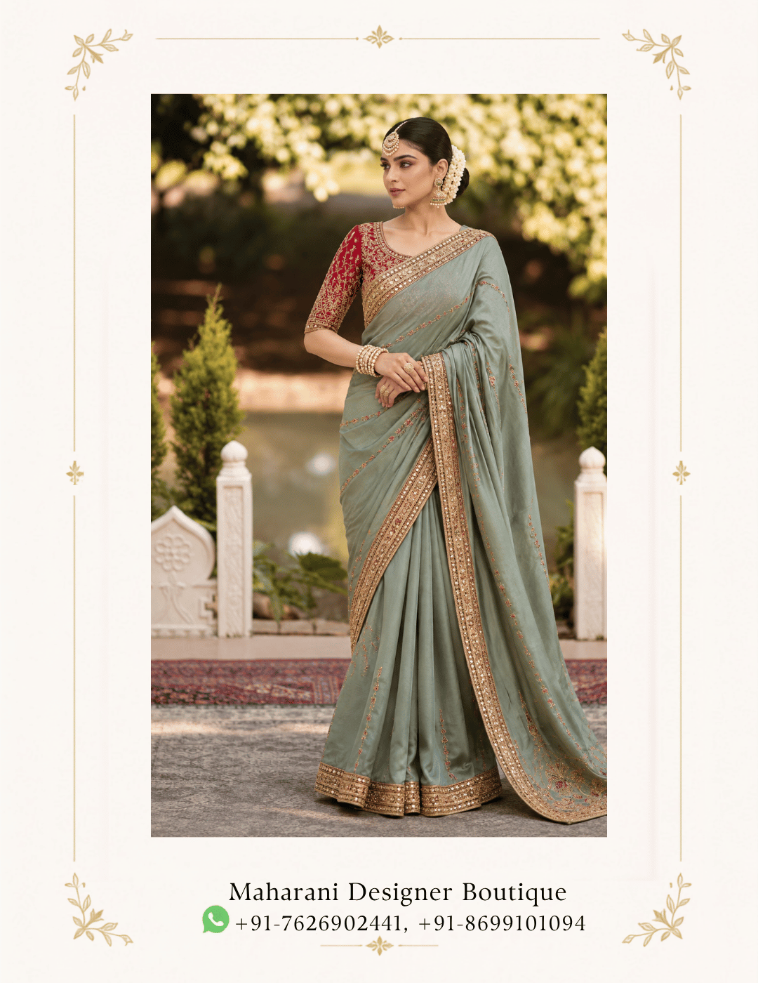 Maharani Sage Green Royal Embroidered Saree Elevate your ethnic wardrobe with the Maharani Sage Green Royal Embroidered Saree, Sage Green Embroidered Saree with Maroon Blouse, Maharani Designer Boutique Jalandhar, a sophisticated blend of soft sage green and rich maroon. The saree features delicate embroidery across the flowing drape, highlighted by an ornate golden embroidered border for a refined festive finish. Perfect for weddings, festive celebrations, receptions, family functions and elegant evening occasions, this designer saree offers timeless Indian elegance with a contemporary colour palette. Brand: Maharani Designer Boutique Category: Designer Saree Colour: Sage Green & Maroon Work: Embroidery & Embellished Border Occasion: Wedding, Reception, Festive & Party Wear Maharani Sage Green Royal Embroidered Saree,Maharani Sage Green Royal Embroidered Lehenga Choli,Sage Green Heavy Embroidered Salwar Suit with Dupatta,Sage Green Punjabi Suit with Palazzo,Maharani Emerald Sage Royal Embroidered Lehenga Choli