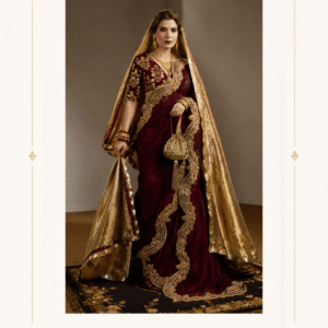Maroon Bridal Saree with Heavy Gold Embroidery Dupatta Rajsi Riwaaz is a luxurious maroon bridal saree with heavy gold embroidery, created for brides who want a regal and traditional look for their special celebrations. The deep maroon saree is richly decorated with intricate golden embellishments, while the contrasting luxurious gold dupatta adds grandeur and creates a beautiful bridal silhouette. The saree features a rich maroon base enhanced with detailed ornamental embroidery along the drape, borders and pallu. Delicate sparkling accents throughout the fabric add subtle glamour, while the elaborate gold work creates the statement finish expected from a premium wedding ensemble. The matching embroidered blouse beautifully complements the saree. It features extensive gold floral and traditional motifs with a carefully embellished neckline and sleeves. The fitted blouse provides an elegant contrast to the flowing saree and enhances the overall bridal appearance. The standout feature of this ensemble is the luxurious golden dupatta, styled over the head and around the saree. Its shimmering fabric and ornate borders give the outfit a majestic finish, making it particularly suitable for bridal portraits, wedding ceremonies and grand evening celebrations. The combination of deep maroon, burgundy and antique gold tones gives this saree a timeless Indian bridal character. It is an excellent choice for brides who prefer rich traditional colours while looking for a sophisticated and luxurious presentation. For styling, pair the saree with traditional gold jewellery, kundan necklace sets, statement earrings, bangles and a maang tikka. A classic bridal bun or elegant updo can beautifully complement the golden veil. Embellished heels or traditional footwear can complete the look. Whether worn for a wedding ceremony, reception, engagement or special festive celebration, this maroon and gold bridal saree is designed to make a memorable statement. Key Features Rich maroon/burgundy colour Heavy gold embroidery Intricately embellished blouse Ornate saree border and pallu Luxurious golden dupatta/veil Traditional floral and ornamental motifs Elegant bridal silhouette Rich festive detailing Suitable for wedding and reception wear Ideal for grand evening occasions Perfect for bridal photography Perfect For Wedding Ceremony | Bridal Reception | Engagement | Sangeet | Mehndi | Cocktail Party | Festive Celebration | Wedding Guest Wear | Bridal Photoshoot | Luxury Ethnic Events MDB 027210128, MDB 02720927, MDB 027210044 , Bridal Red Embroidered Lehenga Choli , MDB-8503   Heavy Gold Embroidery Dupatta Step into timeless elegance with the Rajsi Riwaaz Maroon Gold Bridal Saree, a statement Indian wedding ensemble designed for women who appreciate rich colours, intricate embroidery and traditional luxury. The deep maroon shade creates a sophisticated foundation for the elaborate golden embellishments. The colour combination is particularly striking for evening weddings, where the metallic embroidery beautifully catches the light and enhances the richness of the saree. The detailed blouse adds another dimension to the outfit. Its ornate gold embroidery features traditional-inspired floral and decorative patterns that coordinate with the saree border. The embellished neckline and sleeves create an elegant focal point while maintaining a classic bridal aesthetic. The saree itself is designed to fall gracefully around the body, creating an elegant and feminine silhouette. Richly embroidered borders frame the drape, while the decorative details add visual depth without taking away from the beauty of the maroon base. The golden dupatta provides the final statement element. Draped over the head, it transforms the ensemble into a majestic bridal look. The broad decorative edging beautifully frames the face and coordinates with the gold embroidery throughout the saree and blouse. This maroon gold saree for wedding is versatile enough to be styled in different ways. Brides can wear the golden veil traditionally over the head for the wedding ceremony or style it over one shoulder for a more contemporary reception appearance. The colour palette also makes this outfit easy to accessorise. Traditional gold jewellery, antique gold pieces, kundan jewellery, polki-inspired accessories and statement bangles all complement the maroon and gold combination beautifully. For a traditional bridal look, style the saree with a maang tikka, large earrings, layered necklace, bangles and an embellished potli. For a more modern reception look, pair it with statement earrings and a minimal necklace while allowing the embroidery to remain the centre of attention. The Rajsi Riwaaz bridal saree is suitable for brides searching for a rich alternative to conventional bright-red bridal outfits. Its deeper maroon tone offers a sophisticated appearance while the gold embellishment preserves the grandeur associated with traditional Indian wedding fashion. This ensemble can also be considered for mothers of the bride or groom, wedding guests and women attending grand festive occasions who want a luxurious ethnic statement. From intimate celebrations to lavish wedding ceremonies, this maroon embroidered saree with golden dupatta offers an elegant combination of tradition, glamour and sophistication.  maroon bridal saree, maroon gold saree, maroon wedding saree, bridal saree with golden dupatta, heavy embroidered bridal saree, red maroon bridal saree, gold embroidered saree, Indian bridal saree, wedding saree for bride, luxury bridal saree, traditional bridal saree, bridal saree online, maroon saree for wedding, embroidered wedding saree, bridal saree with blouse, wedding reception saree, Indian wedding outfit, luxury Indian ethnic wear, bridal wear online, maroon and gold wedding outfit, traditional wedding wear, designer-style bridal saree Maroon Bridal Saree, Gold Bridal Saree, Maroon Gold Saree, Wedding Saree, Bridal Wear, Embroidered Saree, Heavy Embroidery, Golden Dupatta, Indian Wedding Outfit, Reception Wear, Bridal Blouse, Traditional Saree, Luxury Ethnic Wear, Wedding Guest Saree, Maroon Wedding Wear